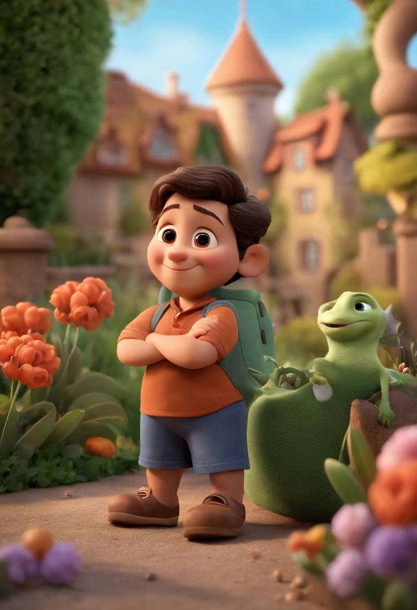 Create a Disney PIXAR-style 3D poster. ((centro da imagem, )), ((3 children)) ((1 menino menor no meio e 2 meninos ao lado, They're hugging each other, 1 menino tem pele castanha e cabelos castanhos claro e olhos castanhos escuros, 1 menino tem pele clara, olhos e cabelos escuros e cacheados, e o outro menino tem pele clara, olhos escuros e cabelos castanhos claros e lisos)) ((tudo isso no estilo Disney PIXAR 3D, In the background, um predio, São Paulo, The garden is full of nature 3D render RTX clay material, estilo de design cartunesco, POP Mart, soft lighting, linhas suaves, Spring tilt, Detailed illustrations of PIXAR 3D, Detalhes hiper-realistas, cor quente no estilo Disney PIXAR 3D))