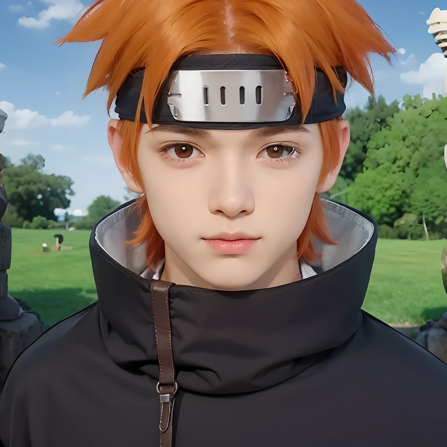 A boy with realistic orange hair, realistic brown eyes, realistic headband, exactly the same clothes,Realistic light, realistic shadows, realistic background