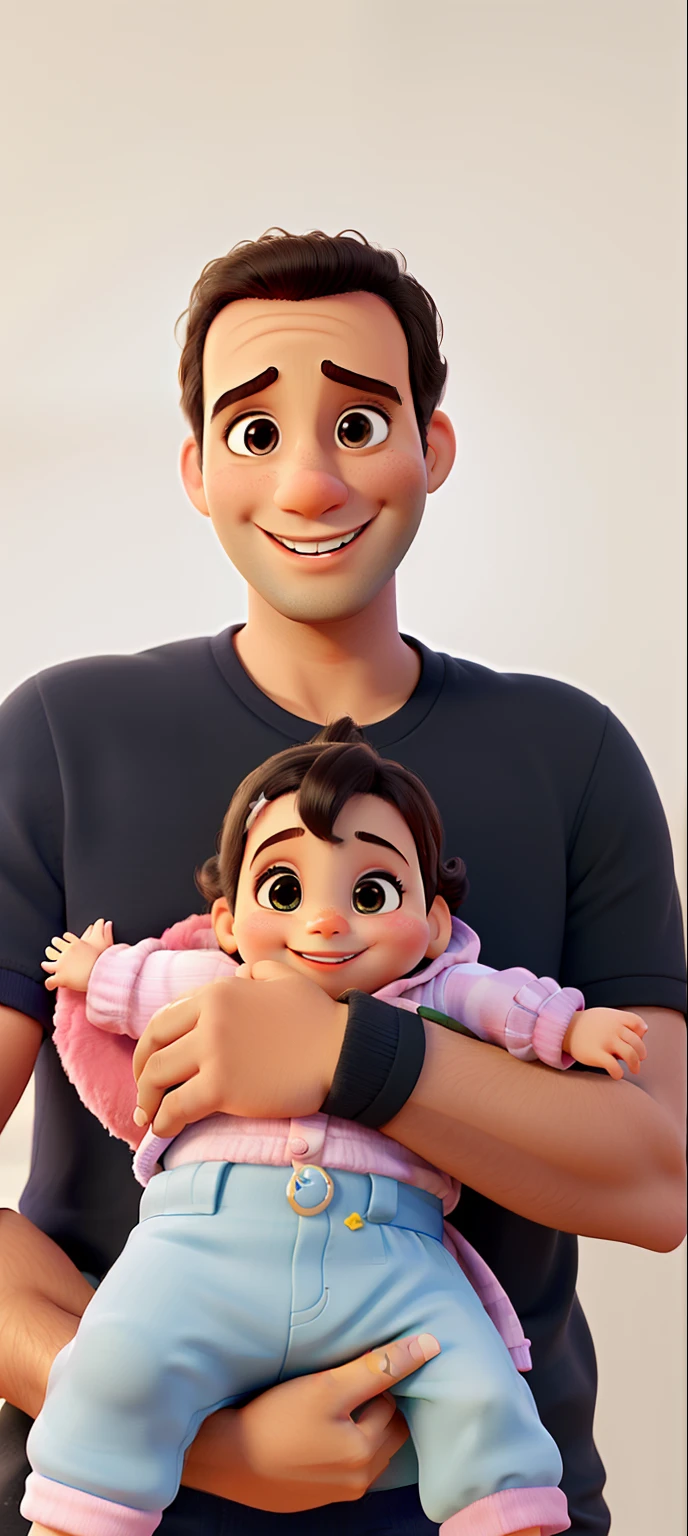 Papai muito feliz segurando bebe recem nascida  sorrindo igual filme da Disney Pixar.