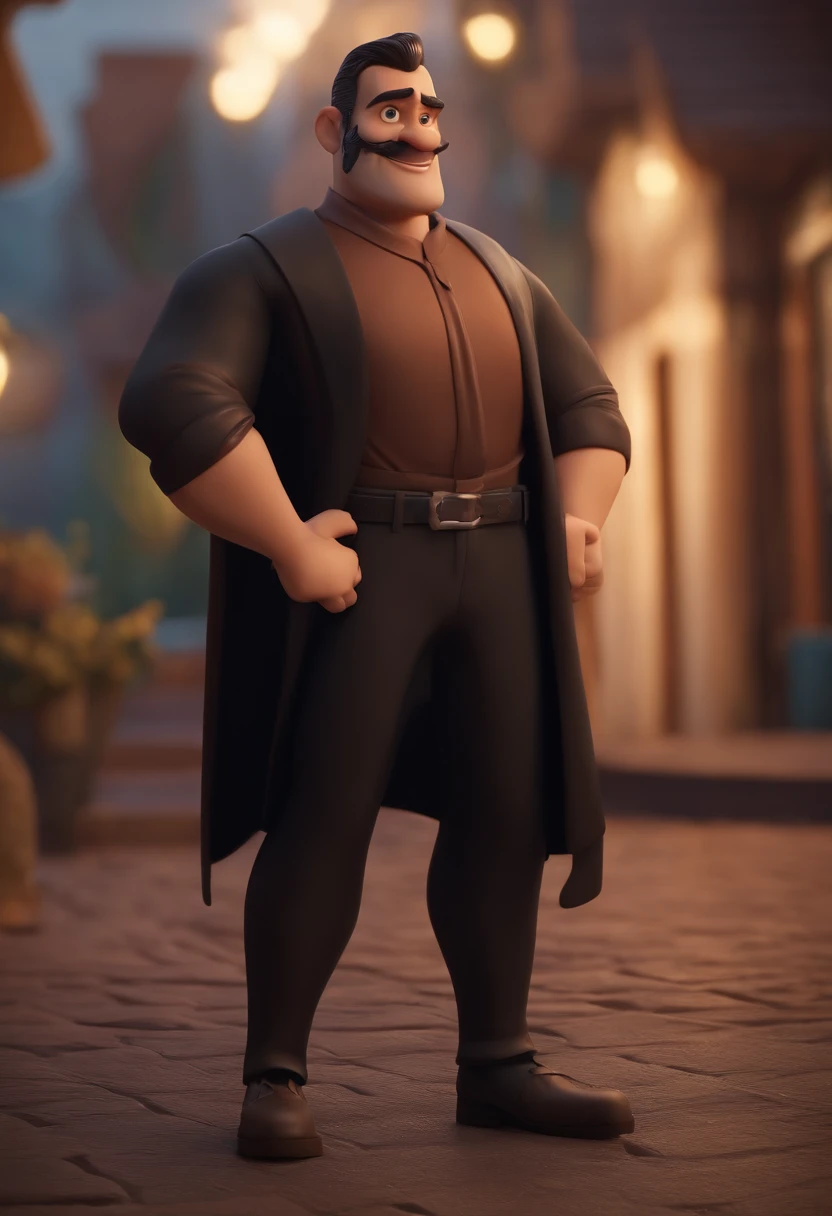 Cartoon character of a man wearing basic black shirt, calca marrom, magro, com cabelo preto curto, topete caido pro lado esquerdo, barba grande, rosto fino, segurando flores , sorrindo, em um studio de fotos, um personagem animado, Caractere estilizado, animation style rendering, 3D estilizado, Arnold Maya render, 3 d render stylized, toon render keyshot, Personagem 3D, Personagem 3D, 3d rendering stylized, 3 d character render, personagem de desenho animado, Personagem de close up, Pose de personagem, (Estilo Pixar) (master part:1.2) (Bokeh) (best quality) (pele detalhada) (textura detalhada) (8k) (argila) (Cinematic lighting) (foco nítido