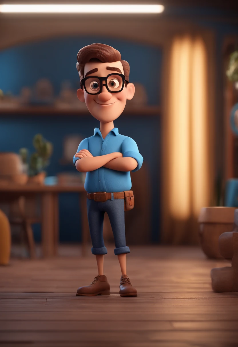 Cartoon character of a man with black glasses and a blue shirt, animation character, Caractere estilizado, animation style rendering, 3D estilizado, Arnold Maya render, 3 d render stylized, toon render keyshot, Personagem 3D, Personagem 3D, 3d rendering stylized, 3 d character render, personagem de desenho animado, Personagem de close up, Pose de personagem, (Estilo Pixar) (master part:1.2) (Bokeh) (best quality) (pele detalhada) (textura detalhada) (8k) (argila) (Cinematic lighting) (foco nítido