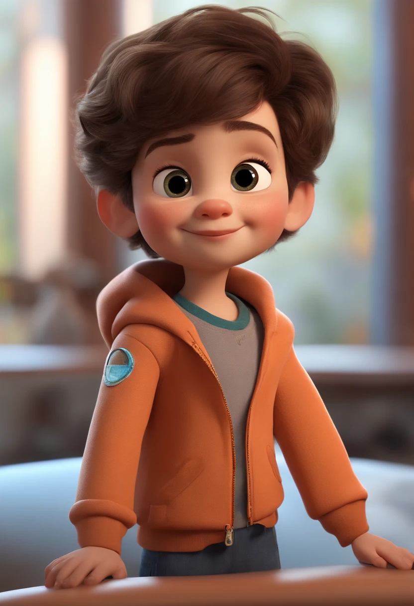 a happy cute standing short hair, vestindo uma fantasia espacial, , fundo branco, barnet, tom, Estilo Pixar, ..3d, desenhos animados, rosto detalhado, asymmetrical 16k