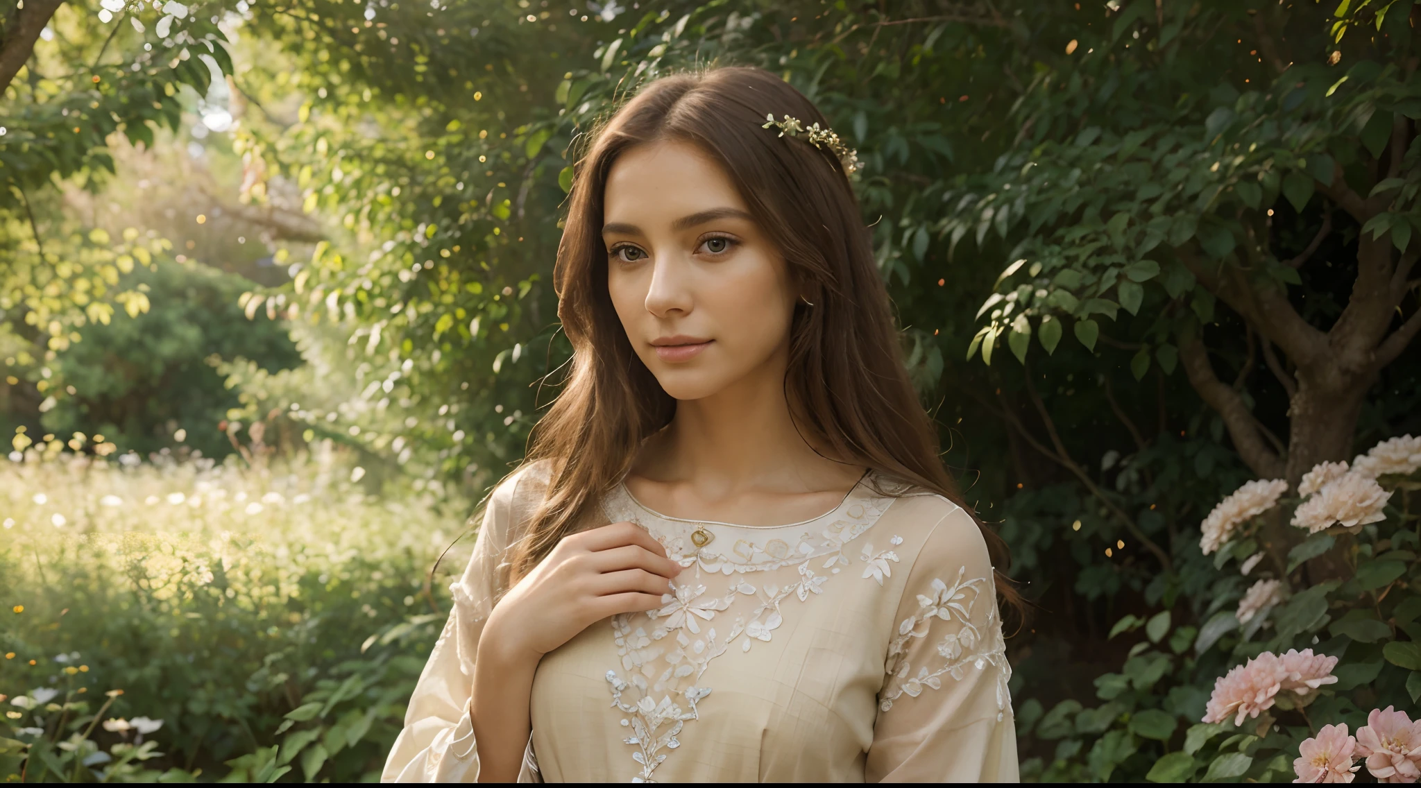 (best quality,4k,8k,highres,masterpiece:1.2),ultra-detailed,realistic, a woman in biblical times, dressed in a brown tunic, looking back, (long, flowing:1.1) brown hair, (beautiful detailed eyes, beautiful detailed lips:1.1), with a (serene, calm) expression on her face, (subtle smile:1.1). She is standing in a (vibrant, lush) garden, with (colorful, blooming) flowers surrounding her, (artificial, gentle) sunlight streaming through the (dappled, soft) foliage above, casting (warm, golden) light on her. The garden is filled with (tall, slender) trees, providing shade and creating a peaceful atmosphere. In the distance, there is a (tranquil, sparkling) river flowing, reflecting the beauty of the surroundings. The woman's (graceful, elegant) posture exudes a sense of (serenity, tranquility), as she gazes at something behind her, creating an air of mystery and anticipation. The overall color tone of the image is (muted, earthy), with hints of (soft, pastel) colors from the flowers. The attention to detail is (impeccable, meticulous), capturing the intricate patterns of the tunic, the delicate features of the woman's face, and the textures of the garden. The image is created in a (painterly, impressionistic