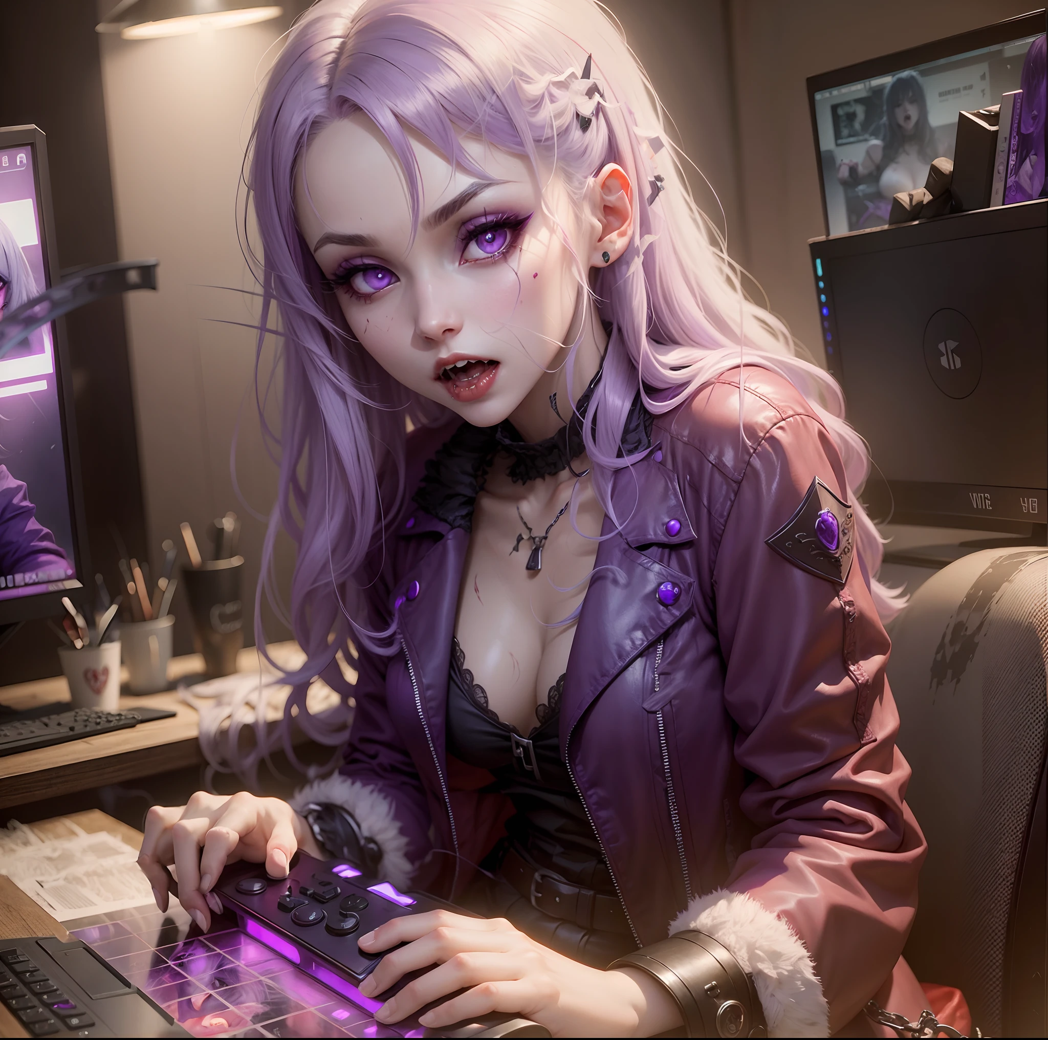 female vampire, white skin, bloody fangs, purple hair, violet eyes, playing a video game.