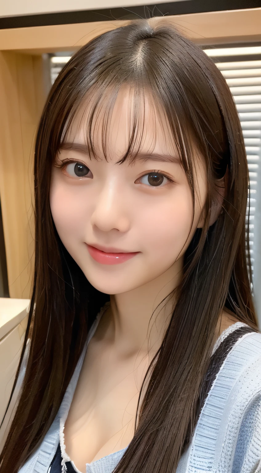 ((top-quality、8K、masterpiece:1.5))、One girl、A smile、(The mouth is closed:1.3)、Blunt bangs、(Lots of bangs:1.3)、(full body Esbian:1.4)、(Symmetrical face)、hyperdetailed face、A detailed eye、Detailed ears、Slim Faces、(selfee:1.3)、(off shoulders)、(Armpit)、(Looking Up)、(From above)、(large boob:0.9)、the background is blurred、Santa Claus Costume、lipgloss、