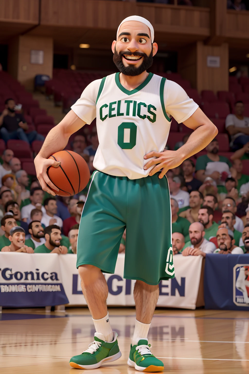 Personagem de desenho animado de um homem careca, 30 anos de idade, com barba, jogando basquete na rua, usando camisa do boston celtics, um personagem animado e sorridente