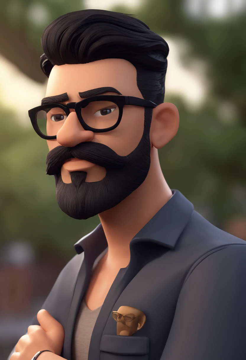 Cartoon character of a man with black glasses and a black polo shirt, cabelo liso, With beard and old school tattoo on his arm, animation character, Caractere estilizado, animation style rendering, 3D estilizado, Arnold Maya render, 3 d render stylized, toon render keyshot, Personagem 3D, Personagem 3D, 3d rendering stylized, 3 d character render, personagem de desenho animado, Personagem de close up, Pose de personagem,  (Estilo Pixar) (master part:1.2) (Bokeh) (best quality) (pele detalhada) (textura detalhada) (8k) (argila) (Cinematic lighting) (foco nítido
