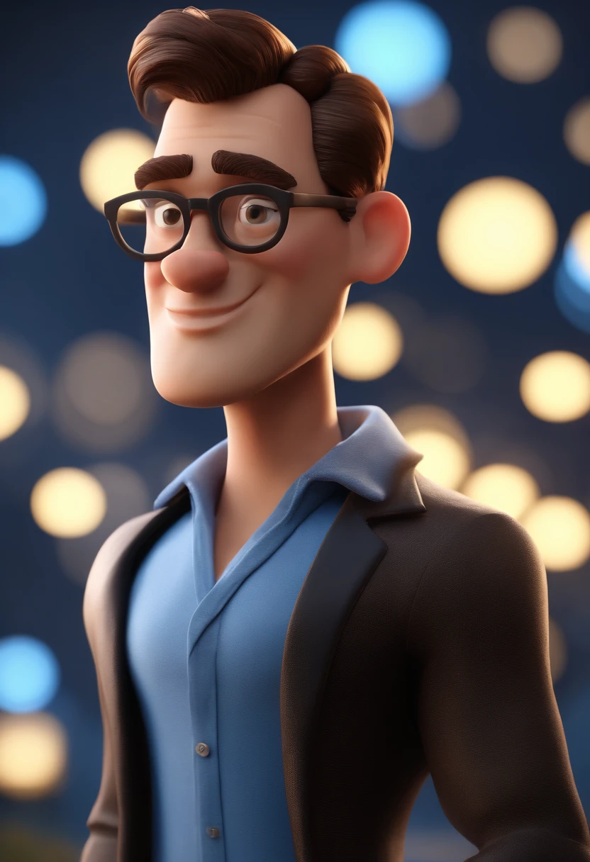 Cartoon character of a man with black glasses and a blue shirt, animation character, Caractere estilizado, animation style rendering, 3D estilizado, Arnold Maya render, 3 d render stylized, toon render keyshot, Personagem 3D, Personagem 3D, 3d rendering stylized, 3 d character render, personagem de desenho animado, Personagem de close up, Pose de personagem, (Estilo Pixar) (master part:1.2) (Bokeh) (best quality) (pele detalhada) (textura detalhada) (8k) (argila) (Cinematic lighting) (foco nítido