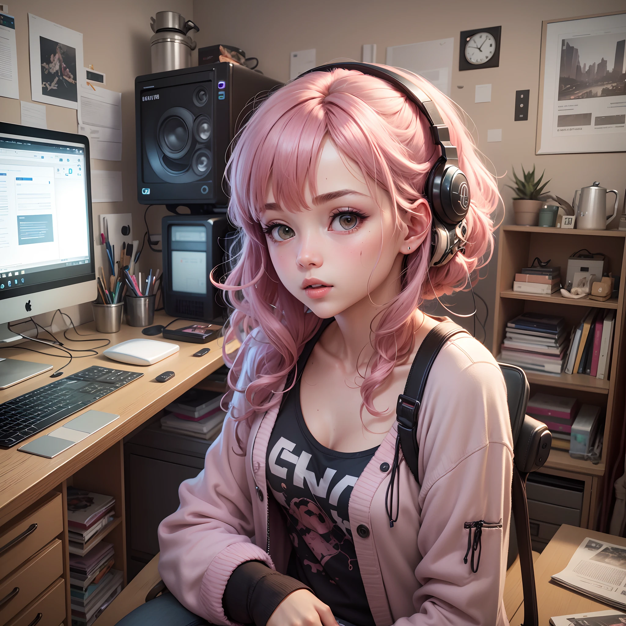 Cute lofi girl in front of his computer in her cozy and messy room, unreal engine 5 render, gorgeous lighting, pastel pink hues, 8k render, award-winning art --auto --s2