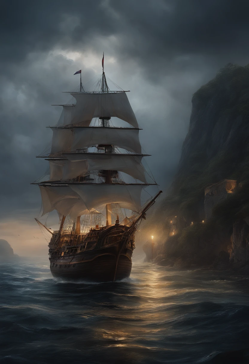 real image((oil paints))landscape painting,acrylic painting,Brushstrokes,With unparalleled realism,ultrawide,threatening skies,Sailboats,wooden boats,Lotus,huge waves,starry night,Harry Potter,voluminetic lighting,clearing,realistic ,Tiago Gurney,art stations,((oil painting))pirate ship