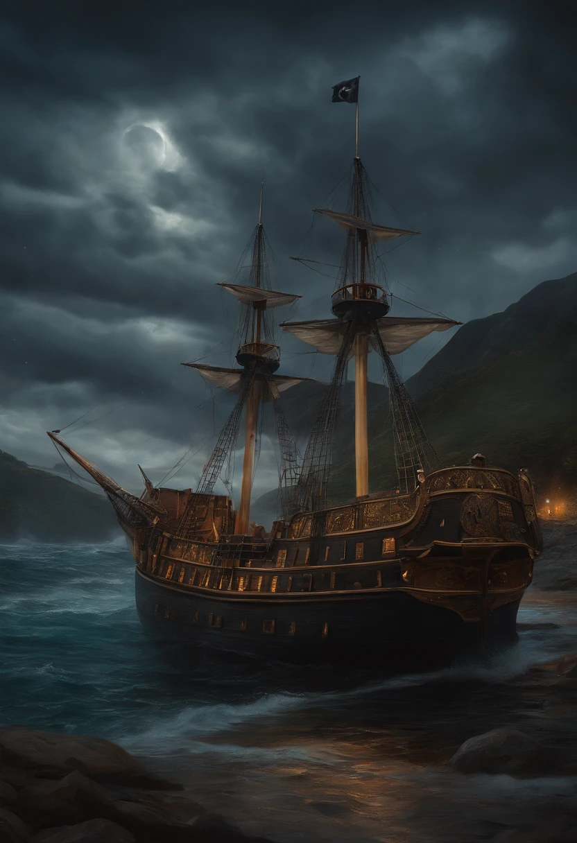 real image((oil paints))landscape painting,acrylic painting,Brushstrokes,With unparalleled realism,ultrawide,threatening skies,Sailboats,wooden boats,Lotus,huge waves,starry night,Harry Potter,voluminetic lighting,clearing,realistic ,Tiago Gurney,art stations,((oil painting))pirate ship