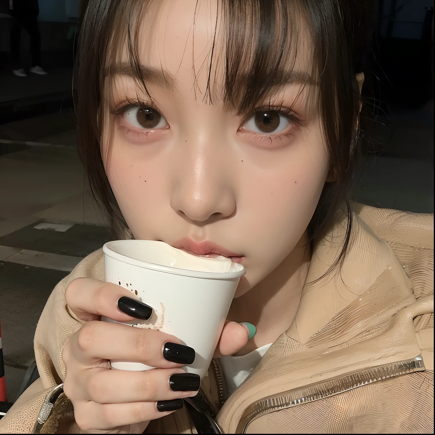 There's a woman with a cup of coffee in her hand, ulzzang, Jisoo de Blackpink, Chiho, Estilo de Junji Ito, Jisoo de Blackpink, Kimi Takemura, Ella tiene el pelo negro con flequillo, Sui Ishida con cabello negro, Jossi de Blackpink, con cara linda - fina -, dilraba dilmurat, Jinyoung Shin