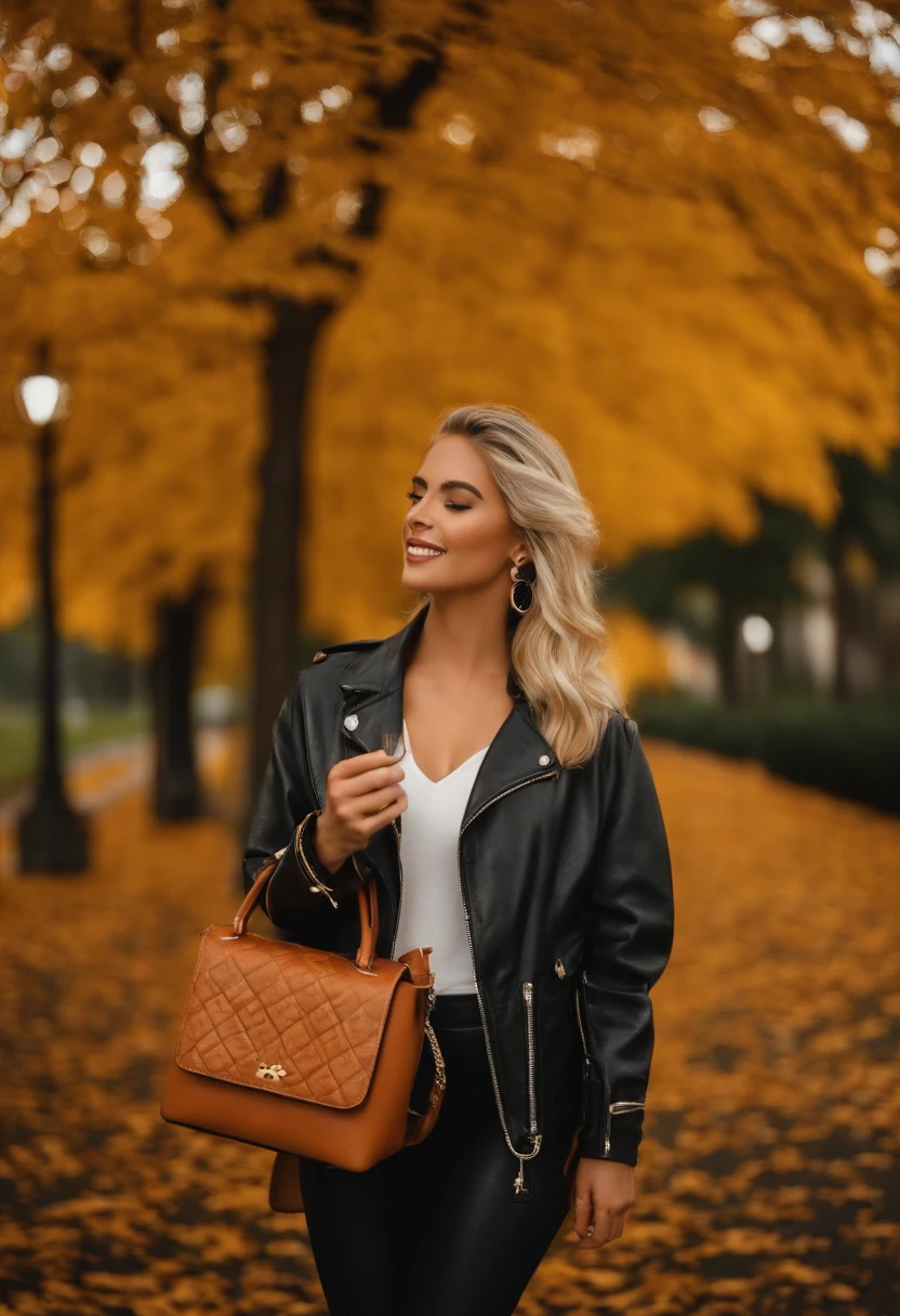 Leana Noëlle McFadden, 23 ans, Blonde, Chignon, tresse, maquillage , yeux marrons, bouche ouverte, Selfie, poitrine importante, vue d'en bas, bagues aux doigts, rouge à lèvres, blouson marron fermé, collants, bottes, automne, feuilles partout, Pluie, sol mouillé, flaques d'eau, feuilles d'arbres jaunes, sac à main en cuir, arbres, Ultra réaliste, ultra détaillé, photo, assise sur un banc, Tient son téléphone Apple