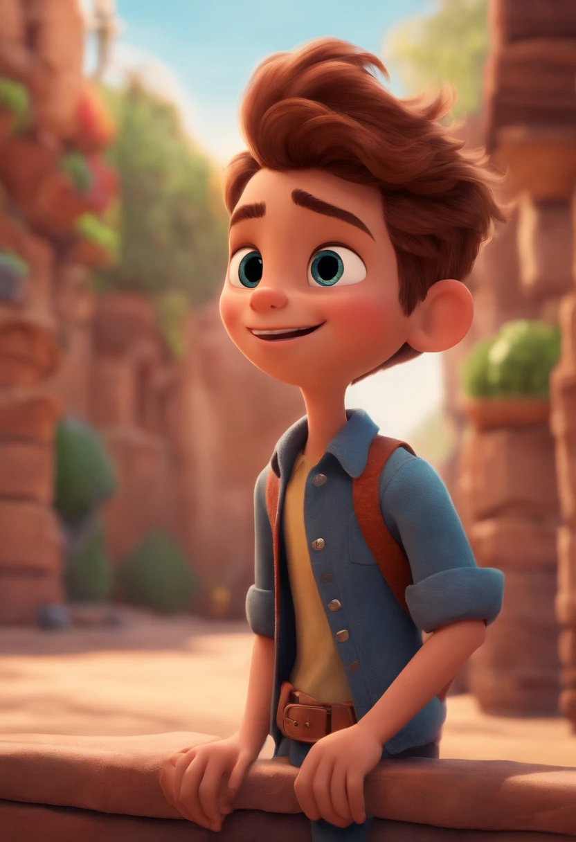 Image of a boy for a story in a YouTube video in Pixar format, He's the allabester, He's the class leader, He's outgoing, Playful and gets up for a lot of things, cabelo curto