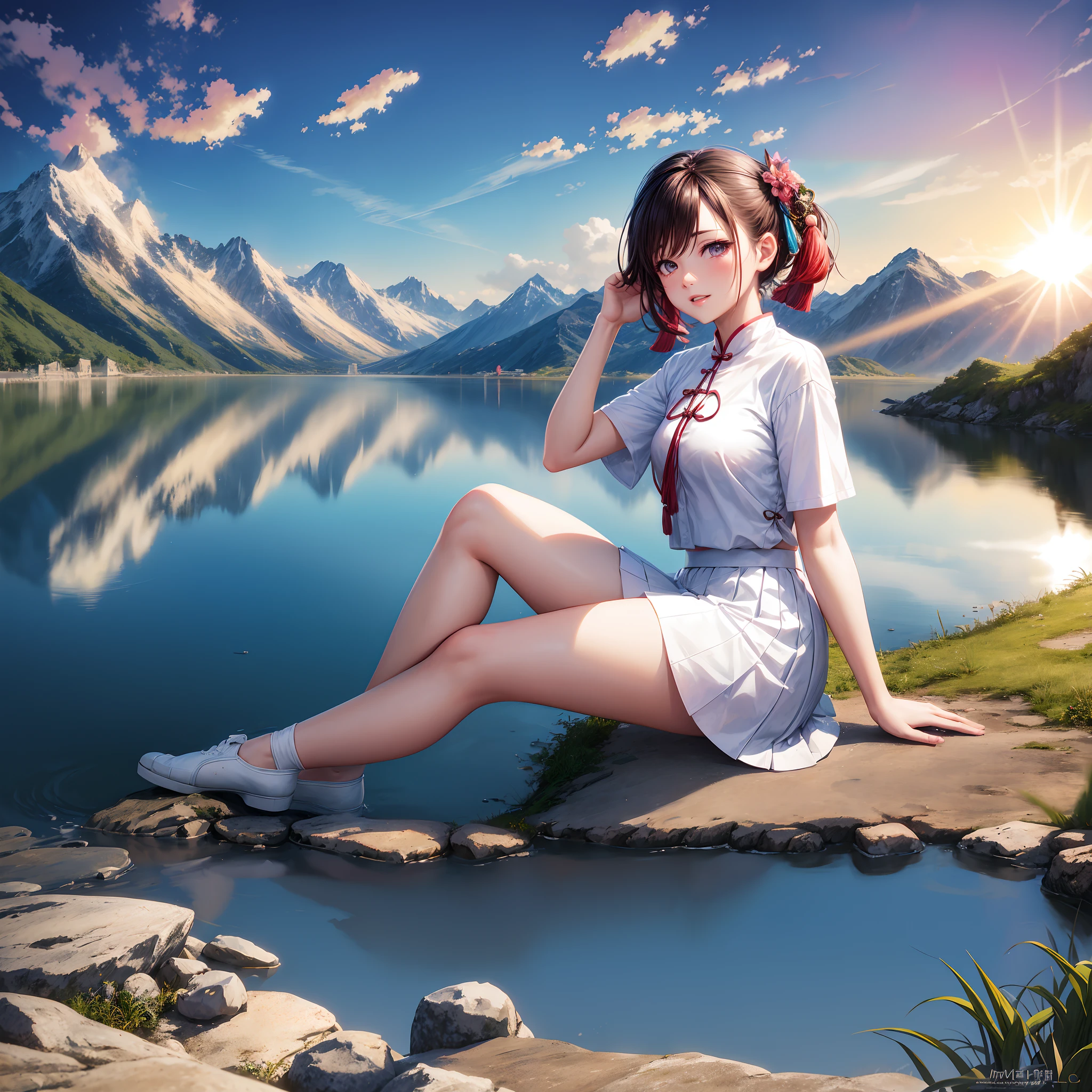 anime girl sitting on a rock near a lake with mountains in the background, smooth anime cg art, anime style 4 k, photorealistic anime girl render, beautiful anime girl, realistic anime 3 d style, makoto shinkai and artgerm, realistic anime artstyle, digital anime art, anime styled digital art, 4k anime wallpaper, attractive anime girl
