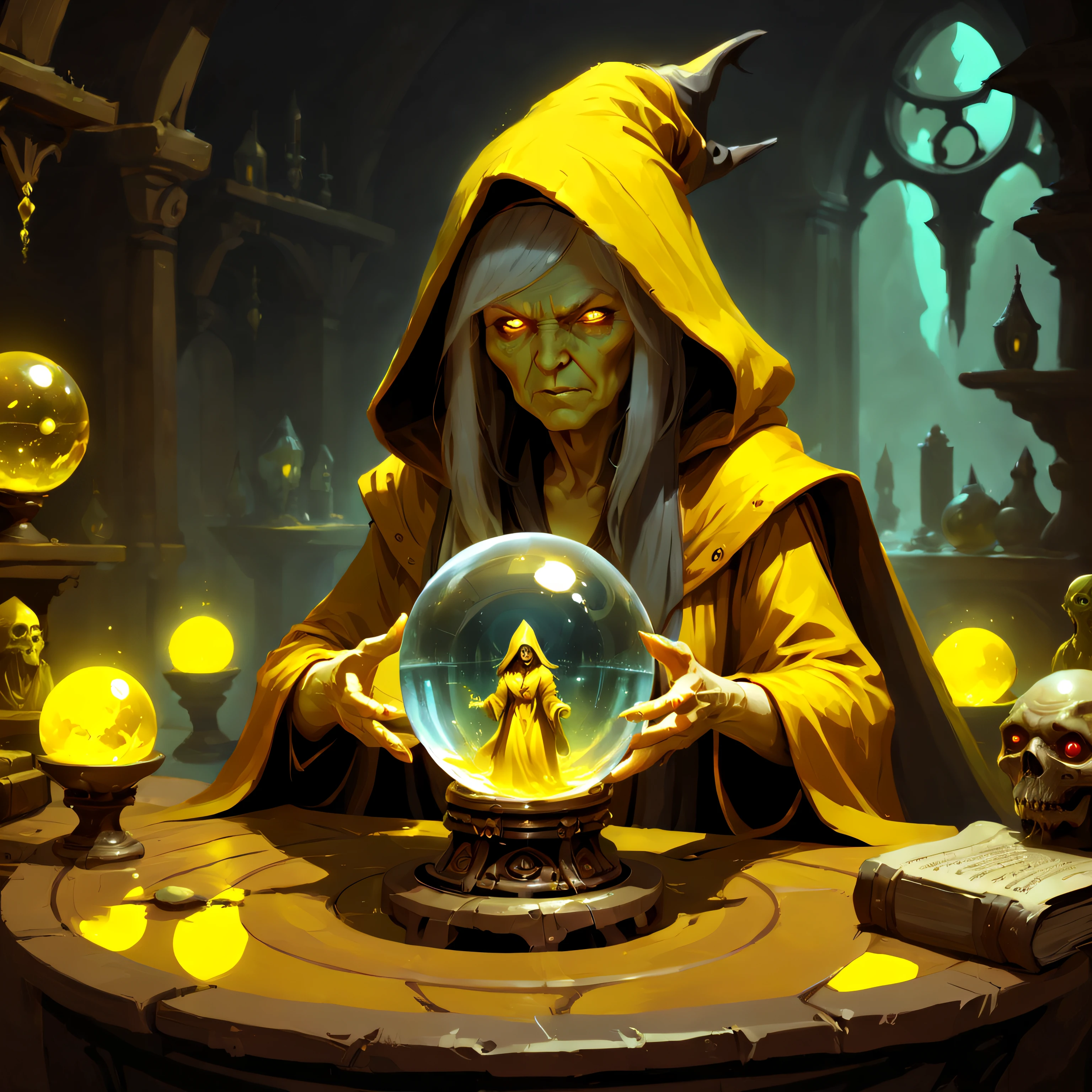 Hooded old aged witch future seer witch adivination room crystal ball, dark yellow clothes, Painted By Andreas Rocha