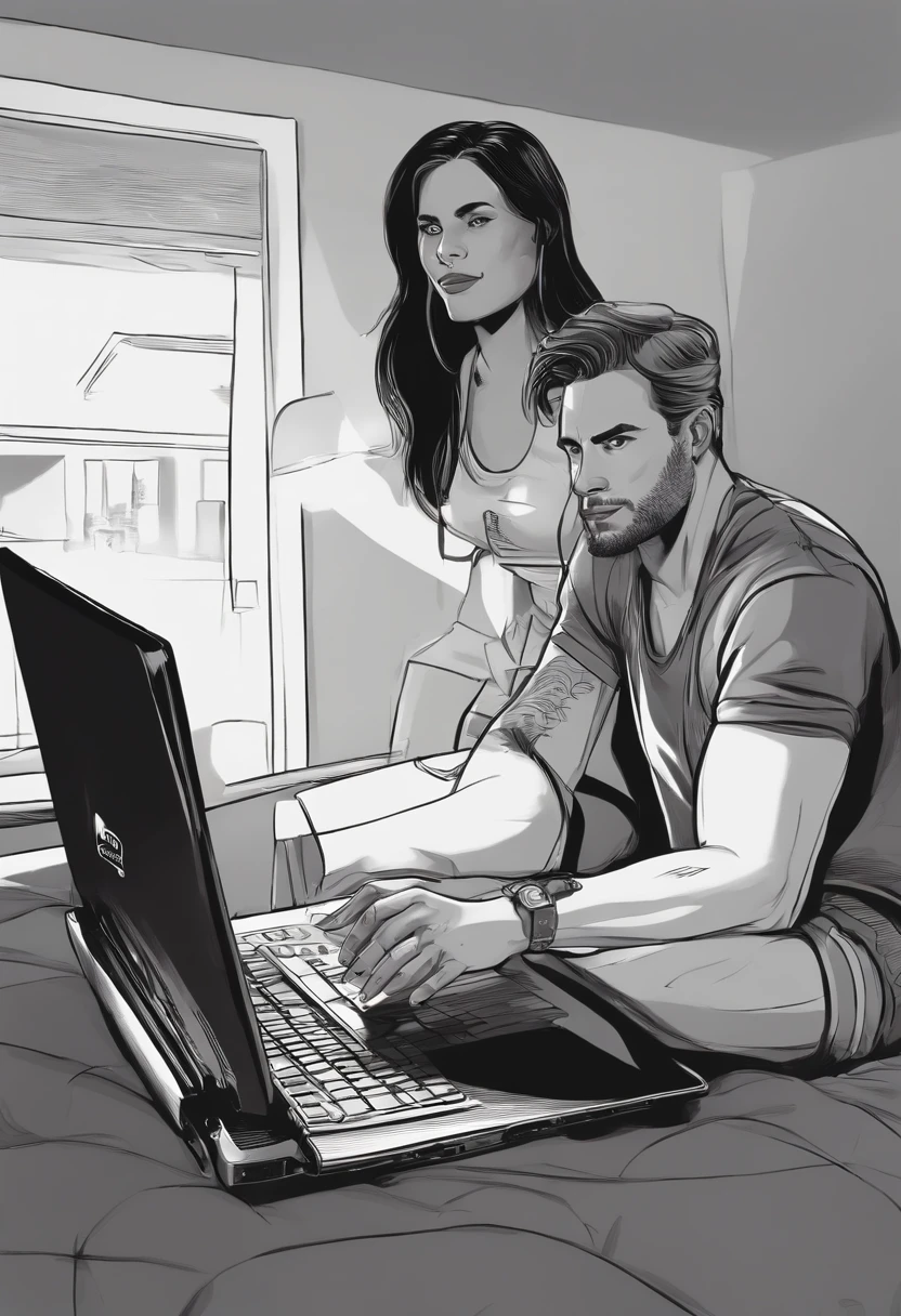 Crie dois personagens no estilo Pixar.uma mulher branca,de cabelo castanho,todo preso,usando pijama curto,She's using a black alienware laptop.o outro,It's a white man with black hair,in knee-high shorts,sem camisa,usando um pc gamer com led.quarto de games escuro com quadros do senhor dos aneis. crie uma imagem de perfil, com os dois personagens virados o mesmo lado usando a mesma mesa. He's further down, to the right of it