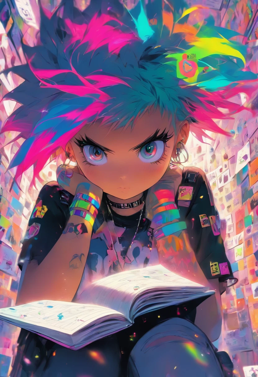 Punk style girl with rainbow colored hair looking at her notebook, In the background various message envelope symbols