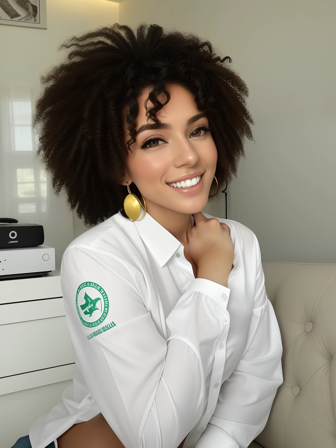 Spurned woman with curly hair sitting on a sofa in a white shirt, photoshoot para marca de cuidados com a pele, vestindo jaleco e blusa, inspirado pelo Dr.. Atl, Tatsumaki, retrato promocional, Tiffany Dover, lindamente iluminado, imagem retrato, imagem profissional, Karolina Cummings, imagem promocional, vestindo um jaleco branco, belamente, pele natural bonita, Imagem promocional