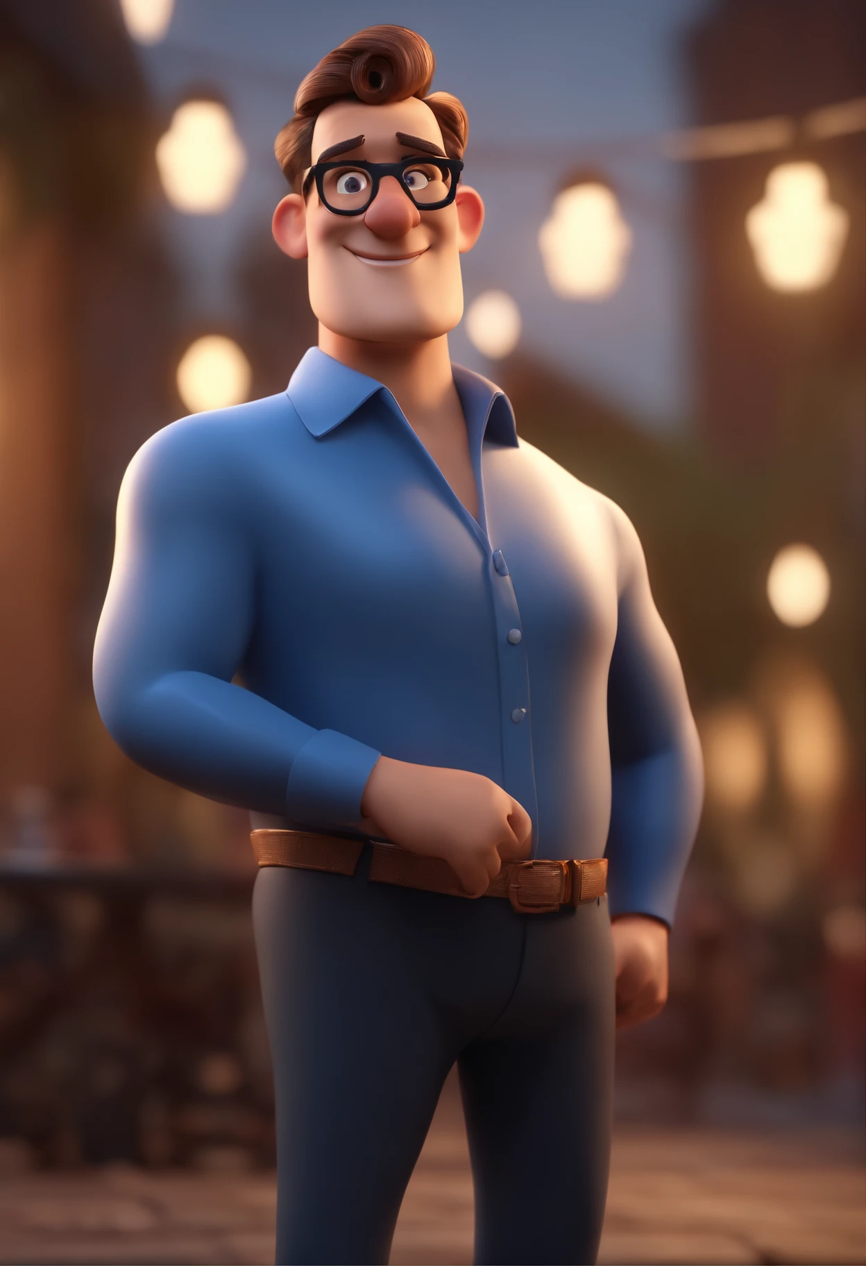 Cartoon character of a man with black glasses and a blue shirt, animation character, Caractere estilizado, animation style rendering, 3D estilizado, Arnold Maya render, 3 d render stylized, toon render keyshot, Personagem 3D, Personagem 3D, 3d rendering stylized, 3 d character render, personagem de desenho animado, Personagem de close up, Pose de personagem,  (Estilo Pixar) (master part:1.2) (Bokeh) (best quality) (pele detalhada) (textura detalhada) (8k) (argila) (Cinematic lighting) (foco nítido