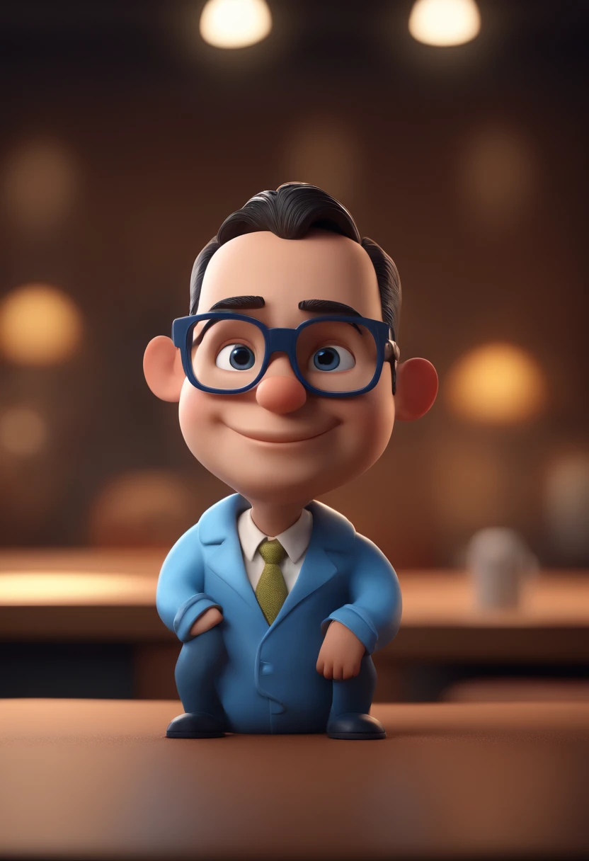 Cartoon character of a man with black glasses and a blue shirt, animation character, Caractere estilizado, animation style rendering, 3D estilizado, Arnold Maya render, 3 d render stylized, toon render keyshot, Personagem 3D, Personagem 3D, 3d rendering stylized, 3 d character render, personagem de desenho animado, Personagem de close up, Pose de personagem,  (Estilo Pixar) (master part:1.2) (Bokeh) (best quality) (pele detalhada) (textura detalhada) (8k) (argila) (Cinematic lighting) (foco nítido
