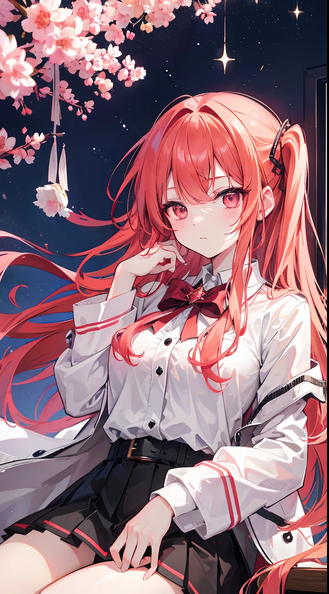 image,Long light red hair,Pink eyes,The hair is flanked by a long triangular buckle with a bow ornament of florets,The hair is thinning,
Long light orange hair,Pink eyes,hair adornments,White lining,a black trench coat,a black pleated skirt,Amused,Outside the classroom is the starry sky,Sit in the classroom
nature,Loves to play pranks,I like to eat melons and watch plays,A fire that can't be extinguished,It can only be destroyed with her permission。
It is usually called a ghost spirit。