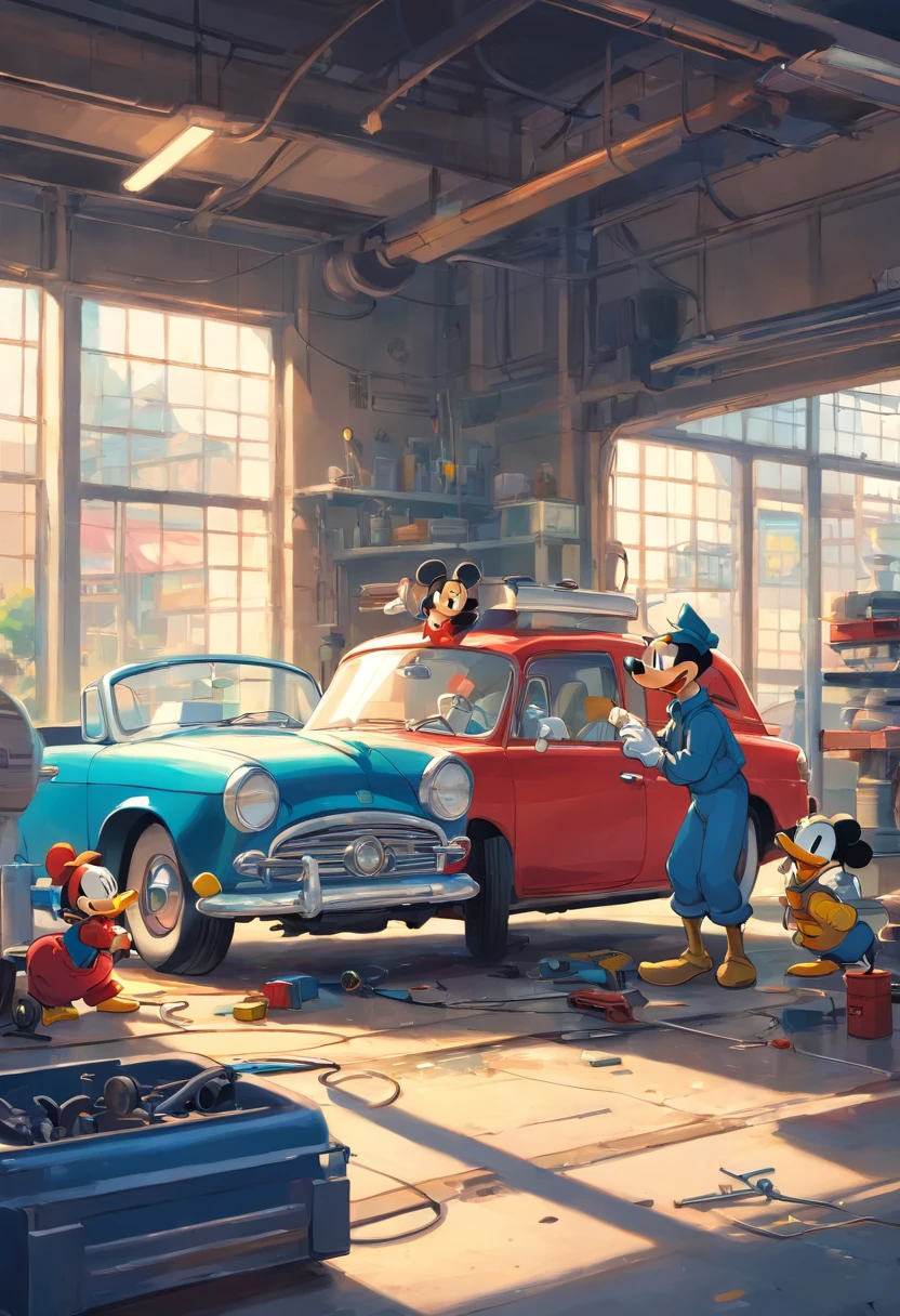 "A masterpiece illustration of Mickey Mouse and Donald Duck as a skilled mechanic repairing a car, With perfect body proportions and an impeccably detailed head, in high definition."