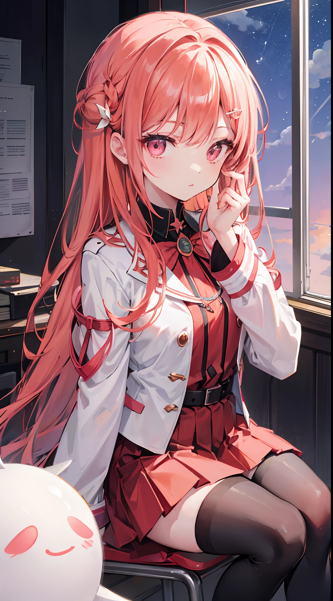 image,Long light red hair,Pink eyes,The hair is flanked by a long triangular buckle with a bow ornament of florets,The hair is thinning,
Long light orange hair,Pink eyes,hair adornments,White lining,a black trench coat,a black pleated skirt,Amused,Outside the classroom is the starry sky,Sit in the classroom
nature,Loves to play pranks,I like to eat melons and watch plays,A fire that can't be extinguished,It can only be destroyed with her permission。
It is usually called a ghost spirit。