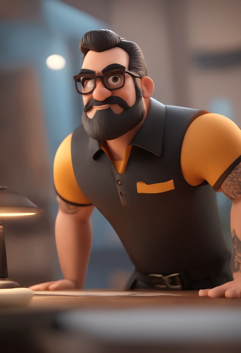 Cartoon character of a man with black glasses and a black polo shirt, cabelo liso, With beard and old school tattoo on his arm, animation character, Caractere estilizado, animation style rendering, 3D estilizado, Arnold Maya render, 3 d render stylized, toon render keyshot, Personagem 3D, Personagem 3D, 3d rendering stylized, 3 d character render, personagem de desenho animado, Personagem de close up, Pose de personagem, (Estilo Pixar) (master part:1.2) (Bokeh) (best quality) (pele detalhada) (textura detalhada) (8k) (argila) (Cinematic lighting) (foco nítido