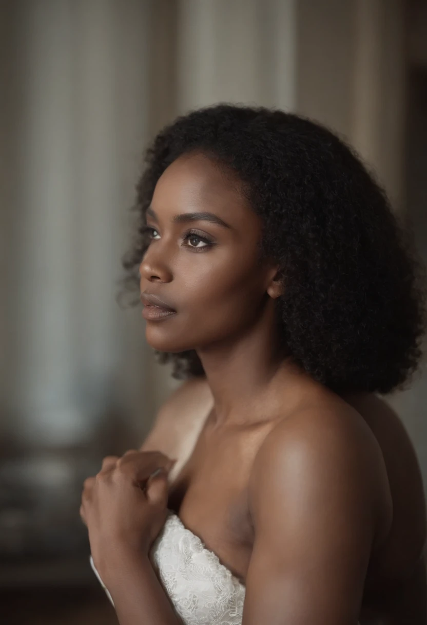Eu gostaria de uma fotografia de uma Mulata Plus size e cabelo afro crespo e corte militar, com o tom de pele escuro, totalmente nua mostrando detalhes da depilação da sua vagina I would like a photograph of a Plus size Mulata and curly afro hair and military cut, with dark skin tone, totally naked showing details of the waxing of her vagina