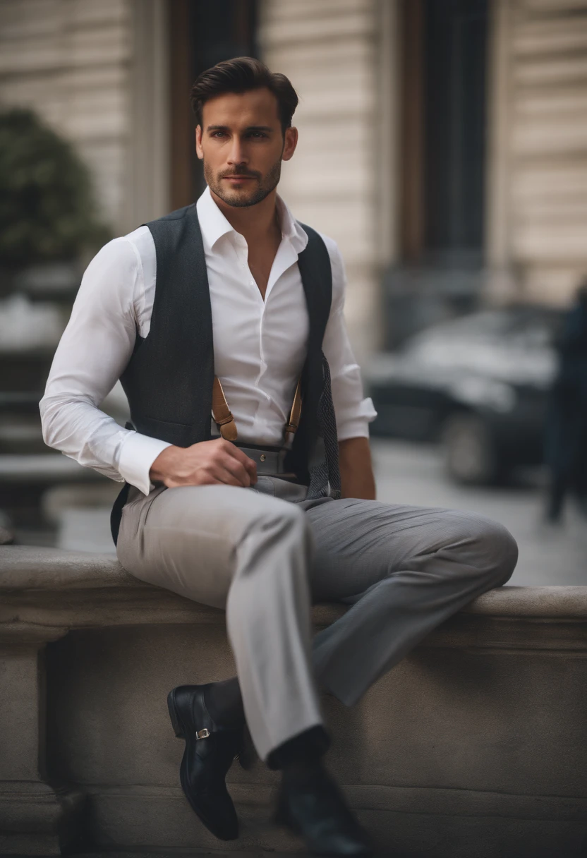 A dark, tall, more formal man, 30 years old, dressed in a white shirt, gray dress pants held up by suspenders, with a gray vest over the shirt, with a silver rolex on his left arm, crossing a square in Vienna, Austria