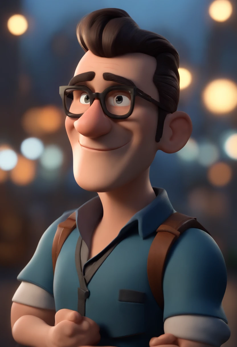 Cartoon character of a man wearing black glasses and a blue shirt, um personagem animado, Caractere estilizado, animation style rendering, 3D estilizado, Arnold Maya render, 3 d render stylized, toon render keyshot, Personagem 3D, Personagem 3D, 3d rendering stylized, 3 d character render, personagem de desenho animado, Personagem de close up, Pose de personagem, (Estilo Pixar) (master part:1.2) (Bokeh) (best quality) (pele detalhada) (textura detalhada) (8k) (argila) (Cinematic lighting) (foco nítido,Senta e vaza a parte superior do corpo