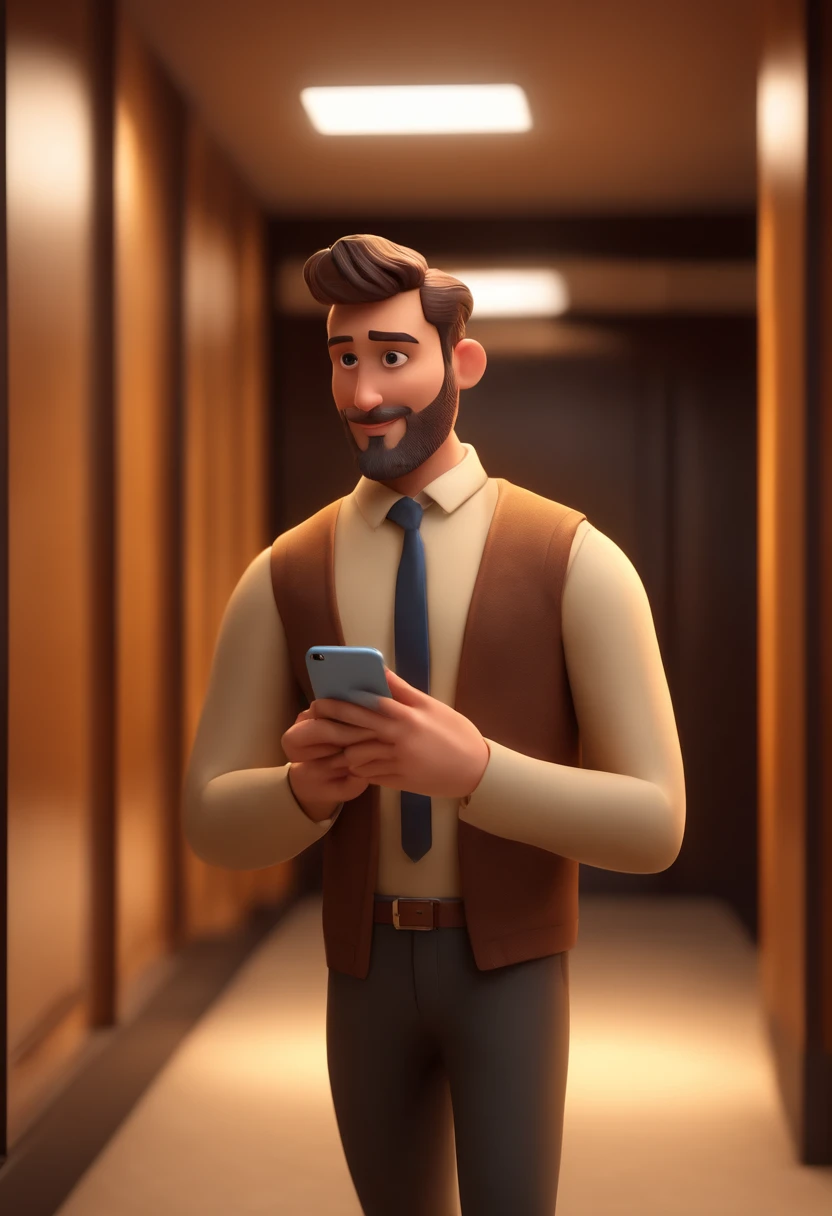 cartoon character of a man with iPhone with guess case in hand in front of the mirror of an elevator, with beige wool vest, animation character, Caractere estilizado, animation style rendering, 3D estilizado, Arnold Maya render, 3 d render stylized, toon render keyshot, Personagem 3D, Personagem 3D, 3d rendering stylized, 3 d character render, personagem de desenho animado, Personagem de close up, Pose de personagem, (Estilo Pixar) (master part:1.2) (Bokeh) (best quality) (pele detalhada) (textura detalhada) (8k) (argila) (Cinematic lighting) (foco nítido