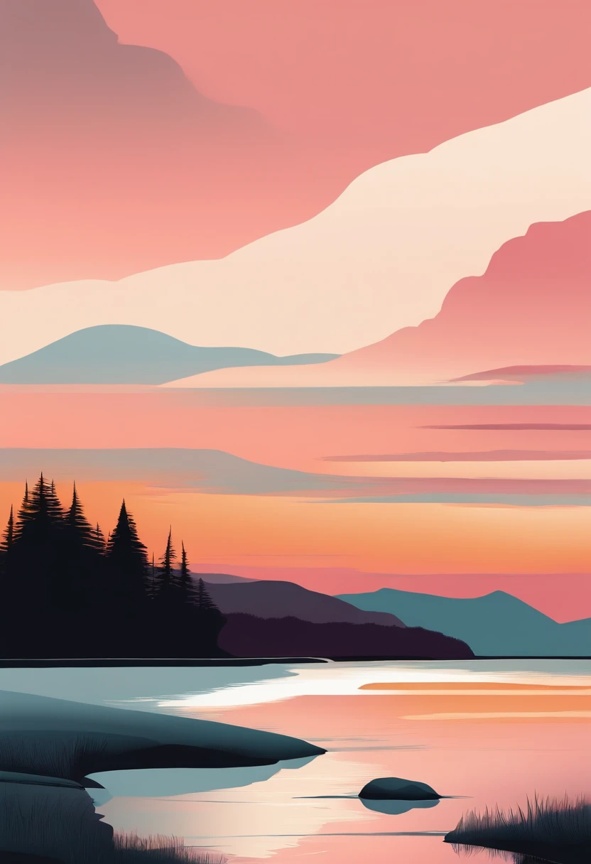 un paysage minimaliste, en 3 couleurs pastels