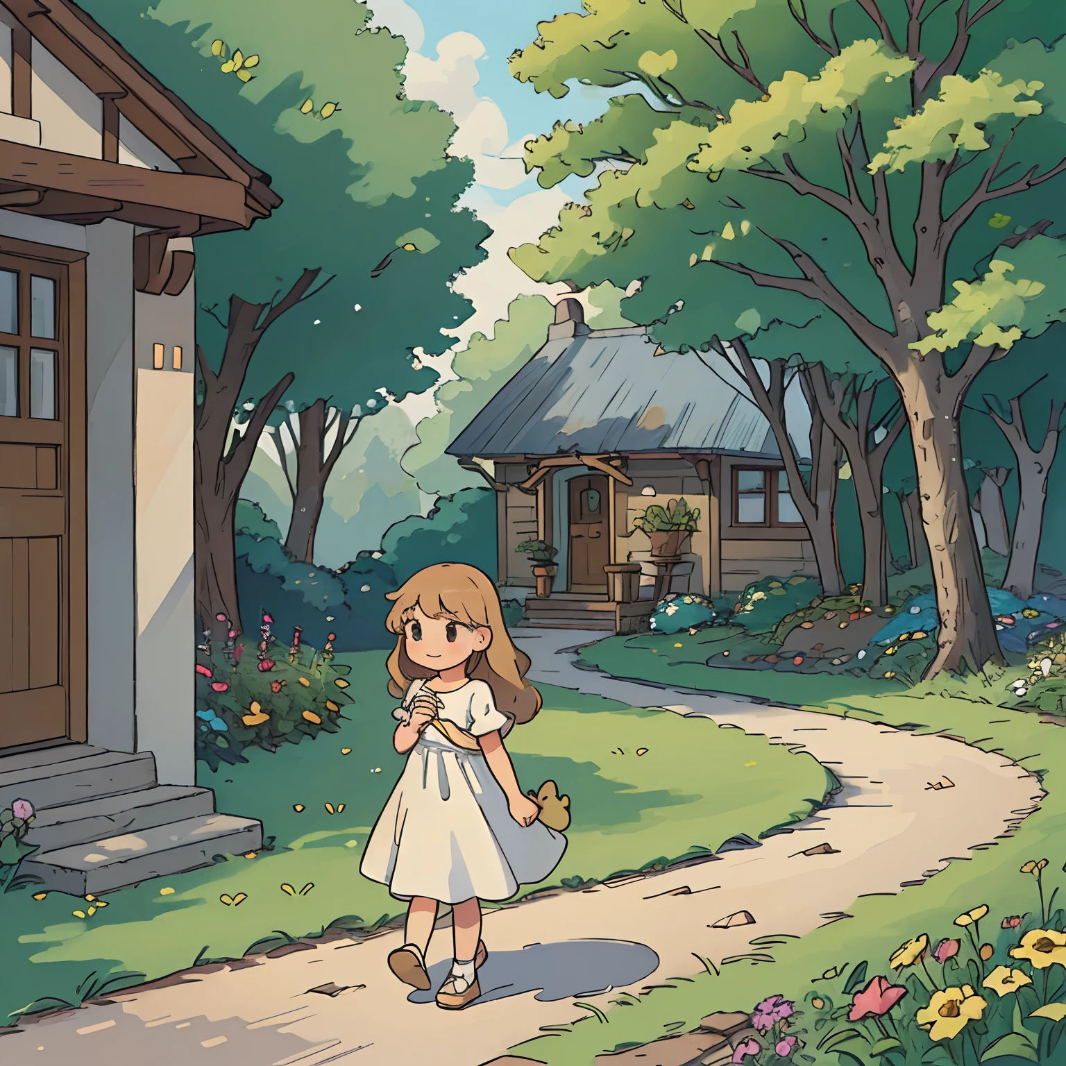 (best quality, highres, realistic:1.37), a little girl walking towards a cozy wooden home, surrounded by vibrant flowers and lush greenery, medium:oil painting,soft colors, warm sunlight, detailed femininity, joyful expression,long curly hair,flowing white dress,summer atmosphere, playfulness,curious look,lively atmosphere, childlike innocence, delicate facial features, dreamy ambiance, charming countryside, small path leading to the house, inviting doorway, peaceful surroundings, magical surroundings, calm and serene, whimsical touch walking a duck home to it's family