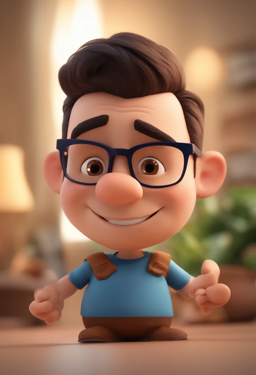 Cartoon character of a brunette man wearing reading glasses and a blue t-shirt, um personagem animado, Caractere estilizado, animation style rendering, 3D estilizado, Arnold Maya render, 3 d render stylized, toon render keyshot, Personagem 3D, Personagem 3D, 3d rendering stylized, 3 d character render, personagem de desenho animado, Personagem de close up, Pose de personagem, (Estilo Pixar) (master part:1.2) (Bokeh) (best quality) (pele detalhada) (textura detalhada) (8k) (argila) (Cinematic lighting) (foco nítido，Senta e vaza a parte superior do corpo