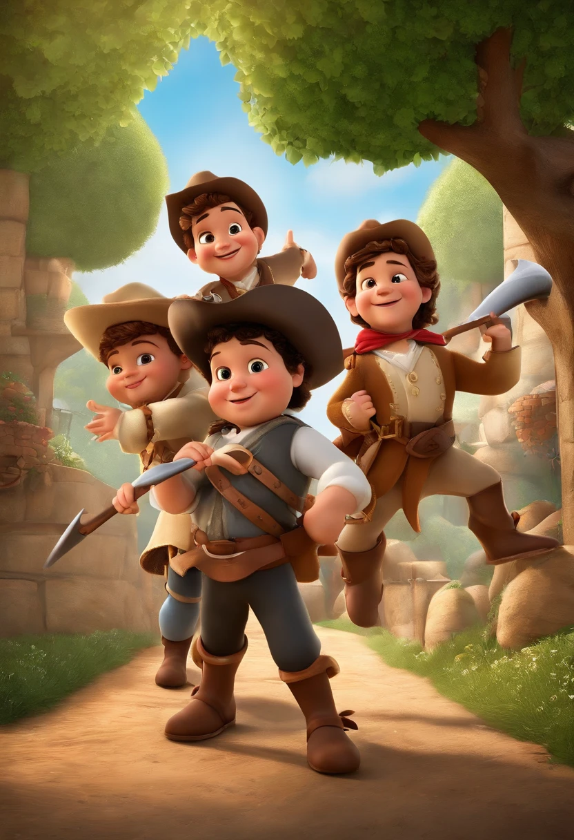 Create a Disney PIXAR-style 3D
!An image in the signature Dreamworks style, with a scenic background. No centro da imagem, You see the three brothers: Arthur, com 10 anos, Theo com 8 anos e Marcello com 2 anos. They are dressed in costumes of the Three Musketeers, cada um segurando uma espada de brinquedo. Arthur, o mais velho, Stands in front with a confident expression, enquanto Theo, The Middle Brother, Stands next to him with a cheerful smile. Marcello, The baby, It's in the middle of the two, segurando uma espada de brinquedo muito maior do que ele. The gentle wind lightly ruffles your hair, and the colors are vibrant and captivating. A sense of adventure and togetherness radiates from the image, representing the spirit of the Three Musketeers.