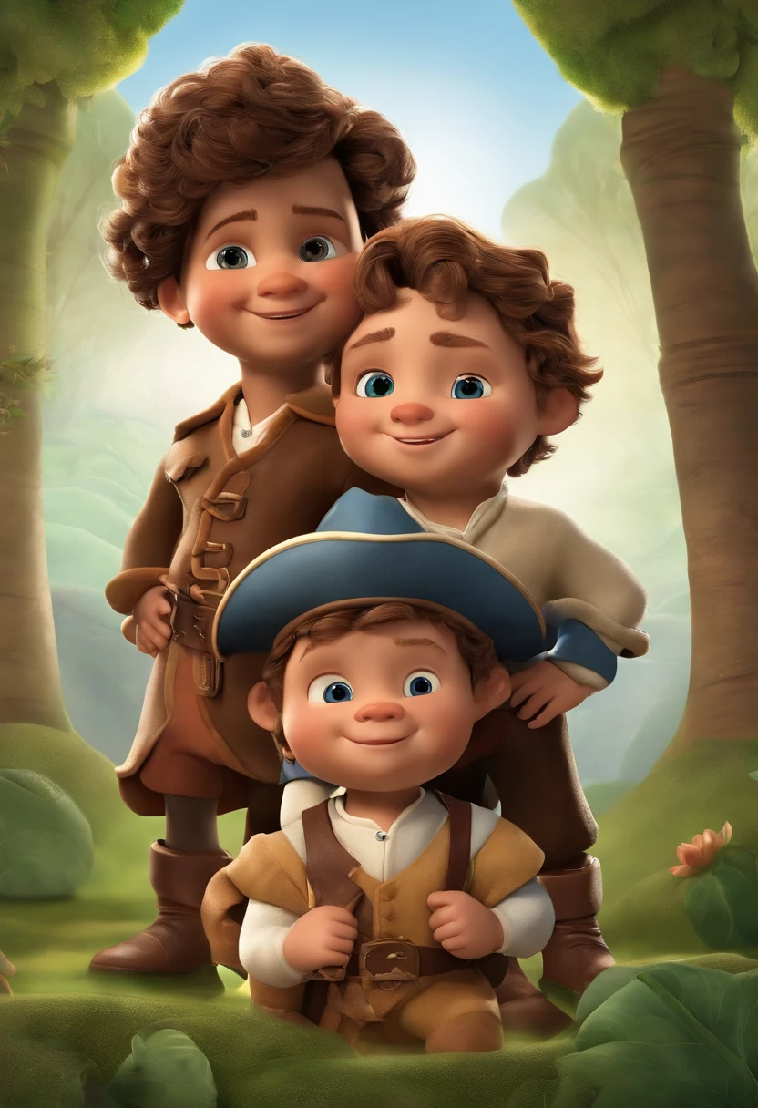 Create a Disney PIXAR-style 3D

!An image in the signature Dreamworks style, with a scenic background. No centro da imagem, You see the three brothers: Arthur, com 10 anos, Theo com 8 anos e Marcello com 2 anos. They are dressed in costumes of the Three Musketeers, cada um segurando uma espada de brinquedo. Arthur, o mais velho, Stands in front with a confident expression, enquanto Theo, The Middle Brother, Stands next to him with a cheerful smile. Marcello, The baby, It's in the middle of the two, segurando uma espada de brinquedo muito maior do que ele. The gentle wind lightly ruffles your hair, and the colors are vibrant and captivating. A sense of adventure and togetherness radiates from the image, representing the spirit of the Three Musketeers.