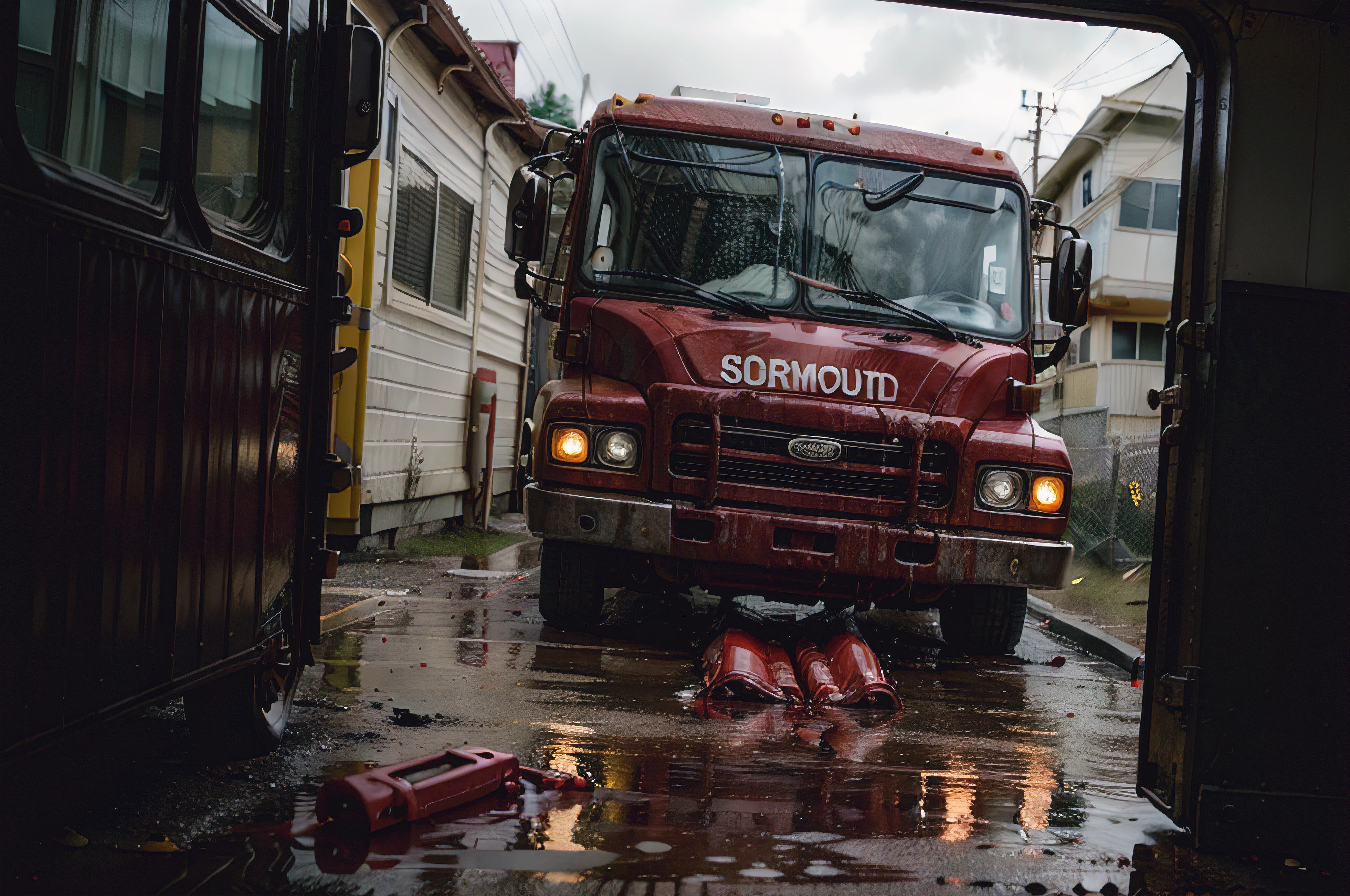 photo of outside a school-bus with (red-liquid:1.2) covering the open back door, light on inside, rear-view (night), lightening, raining, stormy, (trailer-park), blood on ground and walls, caution-tape, (creepy, horror, scary:1.15), (detailed, high resolution, high quality, 8k, UHD, high saturation) (isometric), liquid dripping, pooled liquid