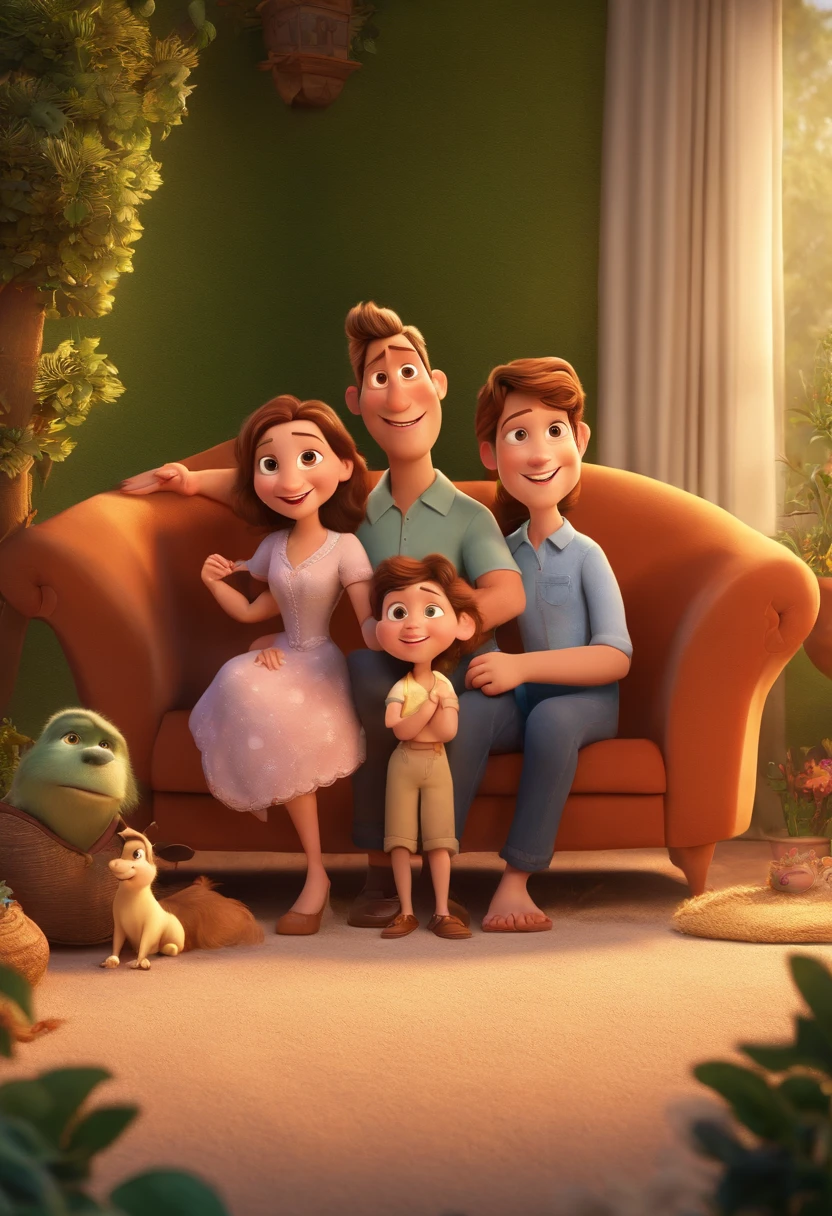 a Disney Pixar movie poster showing a white-skinned family. The father is tall and has short, prickly hair. The mother has brown eyes and hair, Shoulder-length and grandmother sitting on a sofa. A tem 23 anos e cabelos castanhos, roupa rosa e rabos de cavalo. The background is a beach garden. 3D-rendering