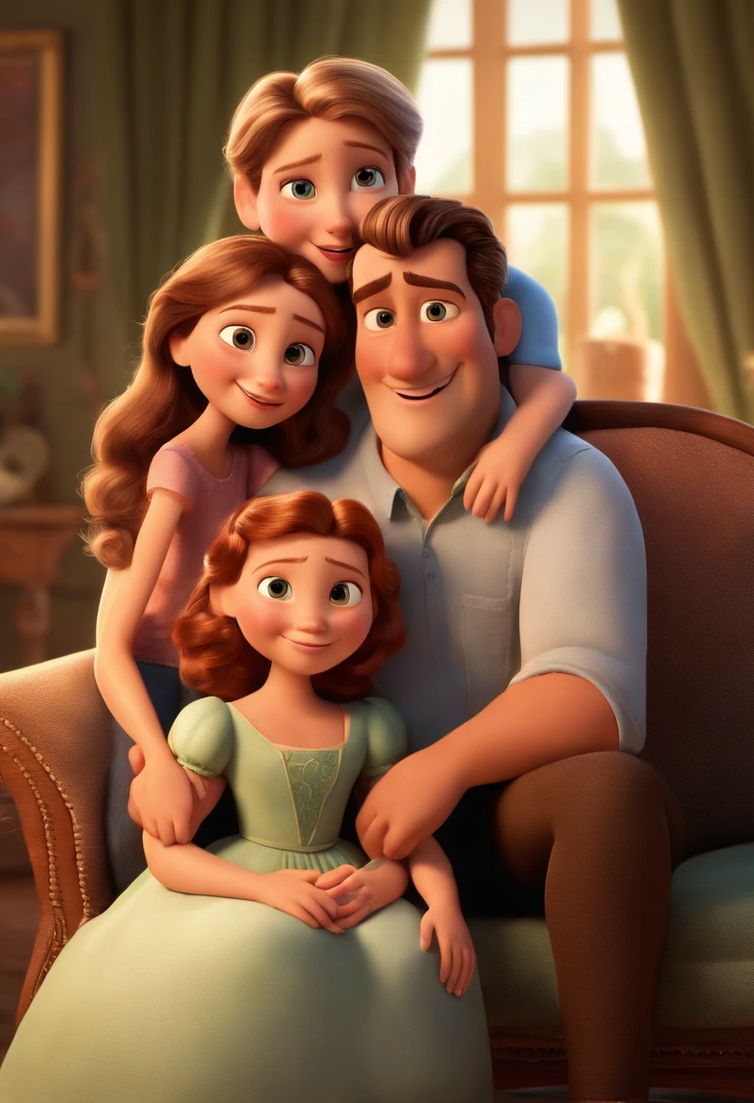 a Disney Pixar movie poster showing a white-skinned family. The father is tall and has short, prickly hair. The mother has brown eyes and hair, Shoulder-length and grandmother sitting on a sofa. A menina tem 23 anos e cabelos castanhos, roupa rosa e rabos de cavalo. The background is a beach garden. 3D-rendering