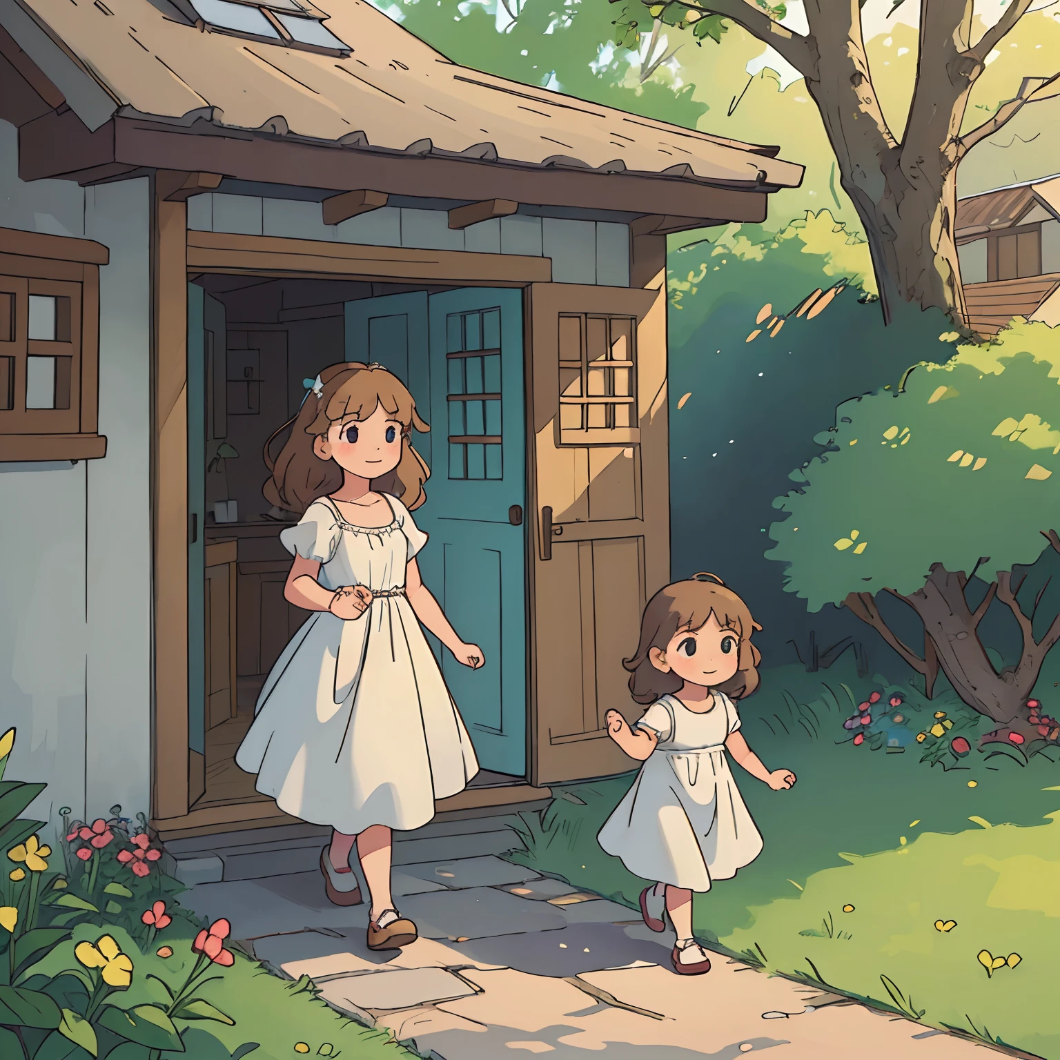 (best quality, highres, realistic:1.37), a  girl walking towards a cozy wooden home, surrounded by vibrant flowers and lush greenery, medium:oil painting,soft colors, warm sunlight, detailed femininity, joyful expression,long curly hair,flowing white dress,summer atmosphere, playfulness,curious look,lively atmosphere, childlike innocence, delicate facial features, dreamy ambiance, charming countryside, small path leading to the house, inviting doorway, peaceful surroundings, magical surroundings, calm and serene, whimsical touch walking a duck home to it's family