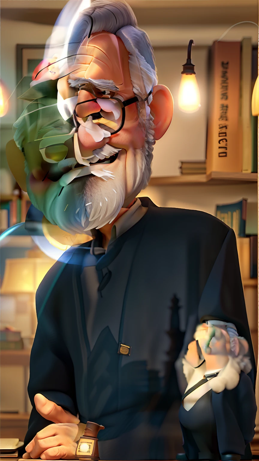 A wise old man standing in front, illuminated by the light of a lamp, against the backdrop of a library