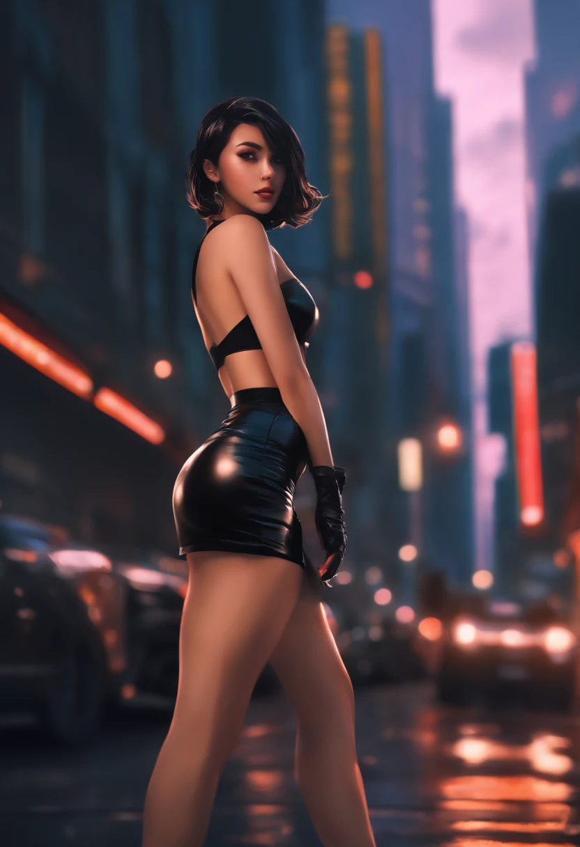 Anime girl standing on city street in leather skirt and black erotic lingerie, Ilya Kuvshinov de cabelos compridos, Arte estilo Guviz, Anime Art Wallpaper 8K, Guvitz at Pisif Art Station, Guwiz at Pisiv art station, arte de anime cyberpunk