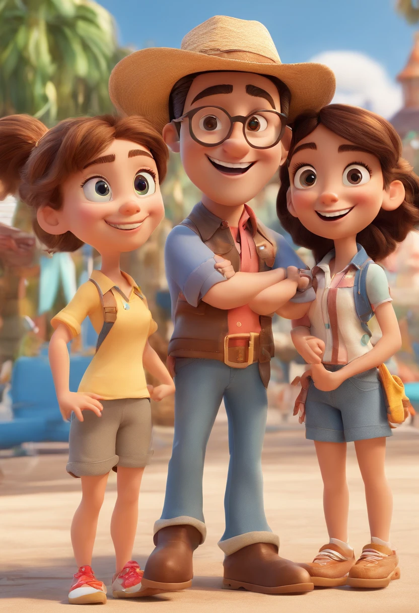 Cartoon of friends having fun on vacation together, 3D Animation Movie Poster, Poster de filme animado, pixar 3 d animation style, pixar renderman rendering, maia 8 mil, animated film, Disney Pixar Estilo 3D, amigos felizes saem juntos, all wearing light blue shirts and cream brown long pants, camisa azul clara, cream brown pants, ao ar livre, vacation, Disney Pixar Animation Poster