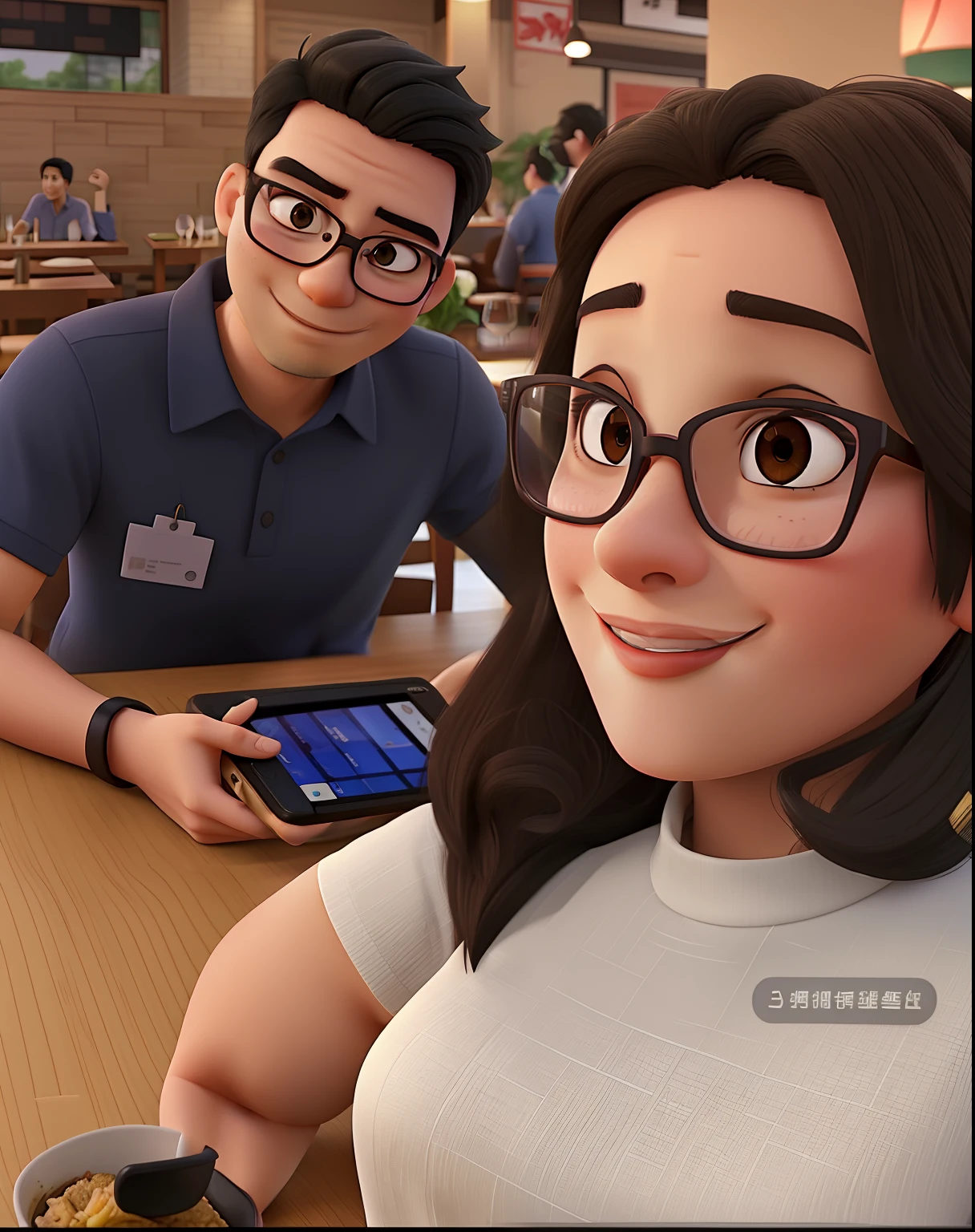 Woman in glasses and asian man without glasses, selfie casal em mesa de restaurante