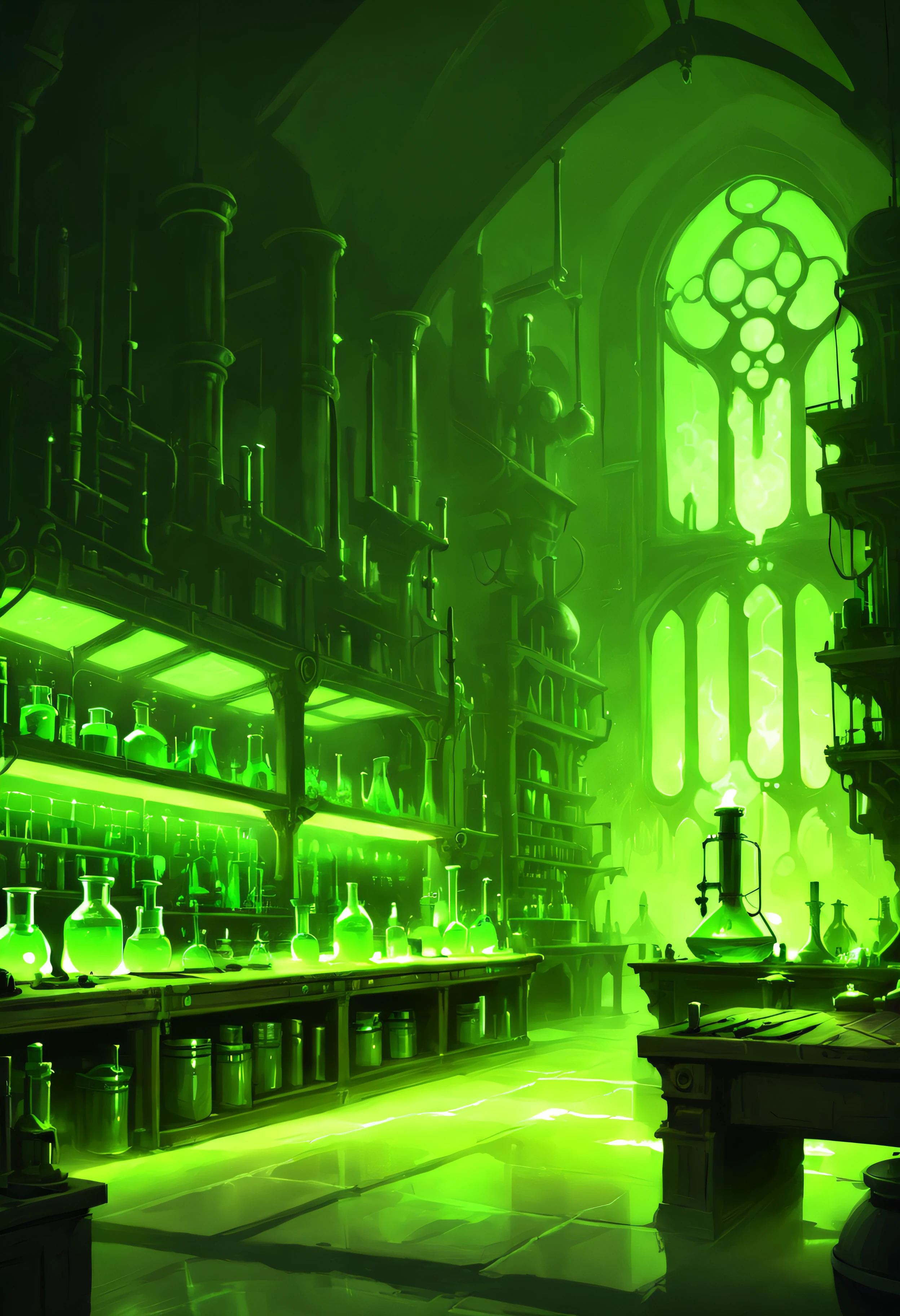 Alchemist's laboratory, green glow, Painted By Andreas Rocha