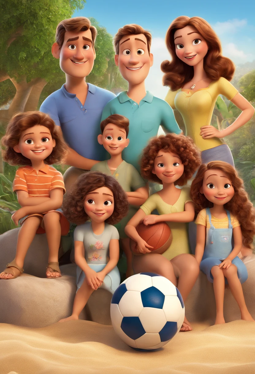 a Disney Pixar movie poster showing a family with 4 white-skinned people. The father is the tallest, cabelos curtos e castanho. The mother has brown eyes and hair, shoulder-length and is slightly overweight. A tem 12 anonino tem 5 Got a soccer ball. The background is a beach garden. 3D-rendering