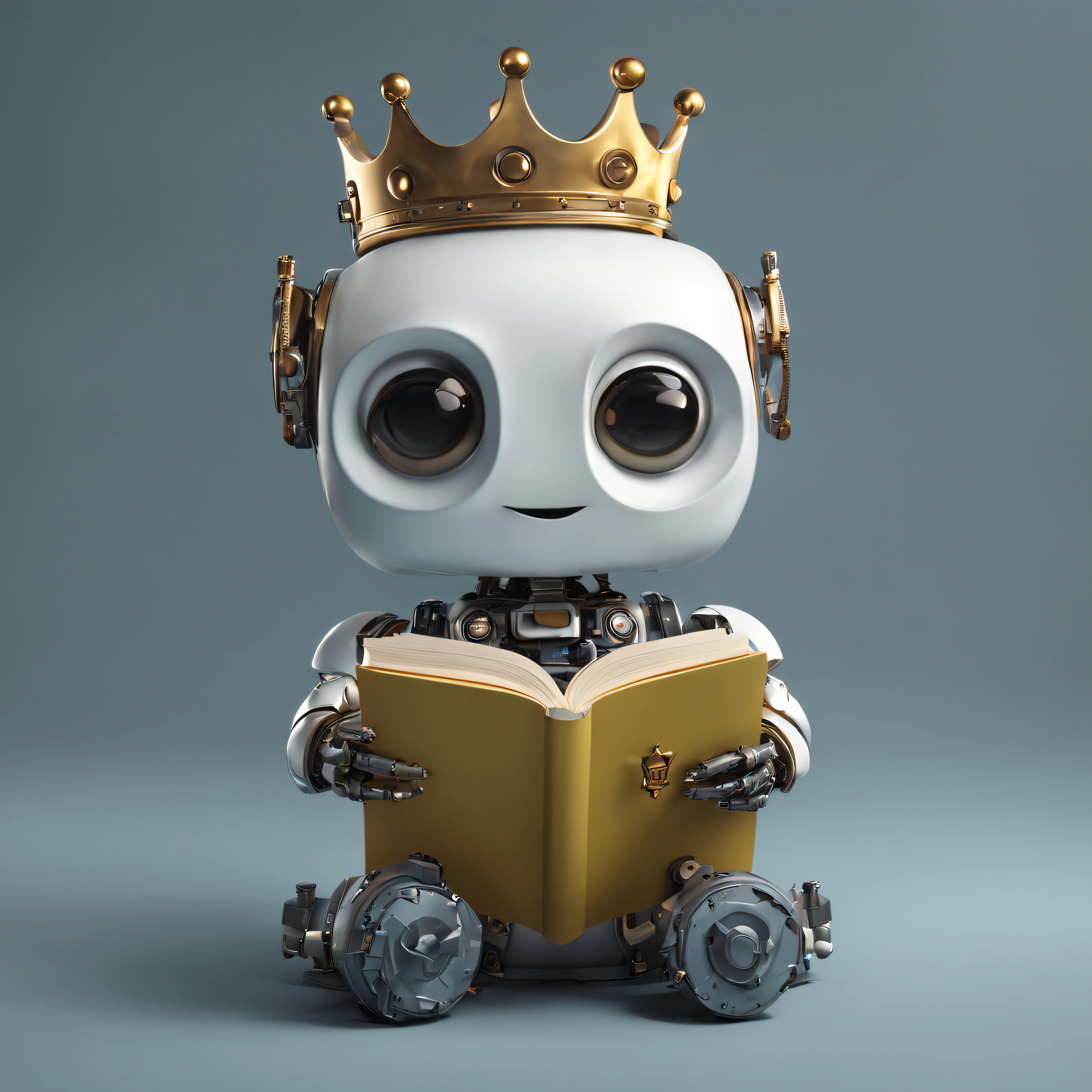 icon of cute robot with crown on head reading a book, detailed, digital painting, cinematic character design by mark ryden and pixar and hayao miyazaki, unreal 5, daz, hyperrealistic, octane render