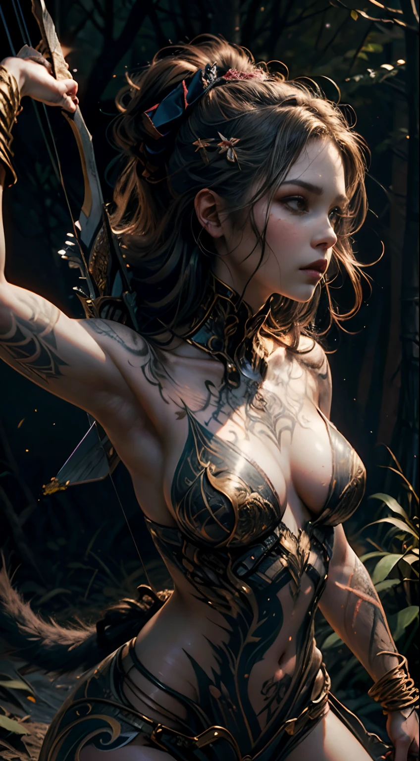 award-winning oil painting, (((Human Hunter, Wild-women, Strong, toned tattooed body, silky hair), (hunting, bow and arrow), (wild, tight body, agile, hunting posture)), (deep night forest), (hunting big cat))) detailed, soft focus, brown body, marking on face, tribe women, Hunter, Night Hunting, Sneaking, focused on hunting , photorealistic oil painting, by charlie bowater, fine details, by wlop, trending on artstation, very detailed, natural beauty, dynamic pose.